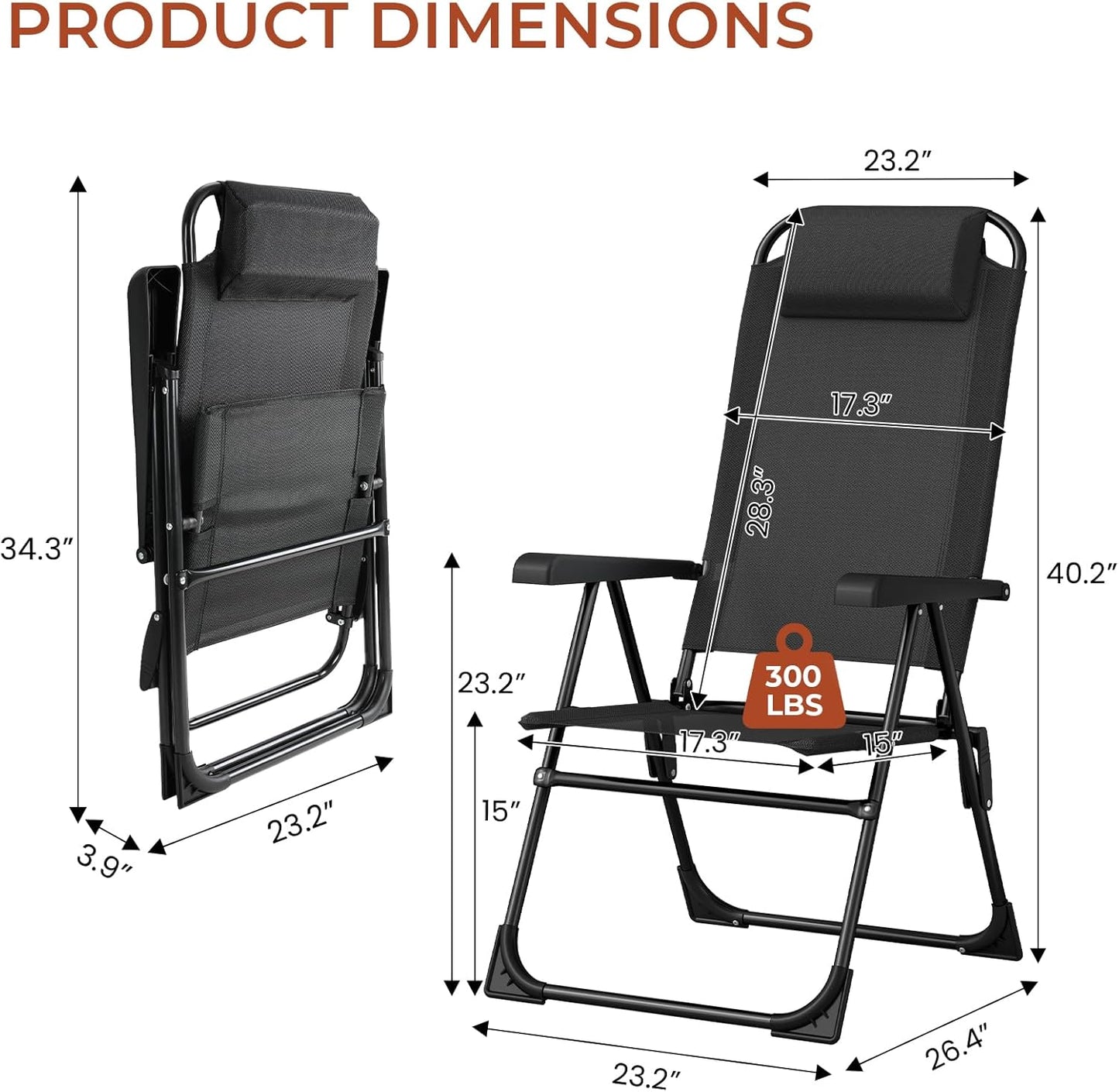 LAZY BUDDY Folding Patio Dining Chairs Set of 2/4 with Armrests, 5-Postion Adjustable Outdoor Chair with Removable Headrest for Deck, Lawn, Garden, Backyard