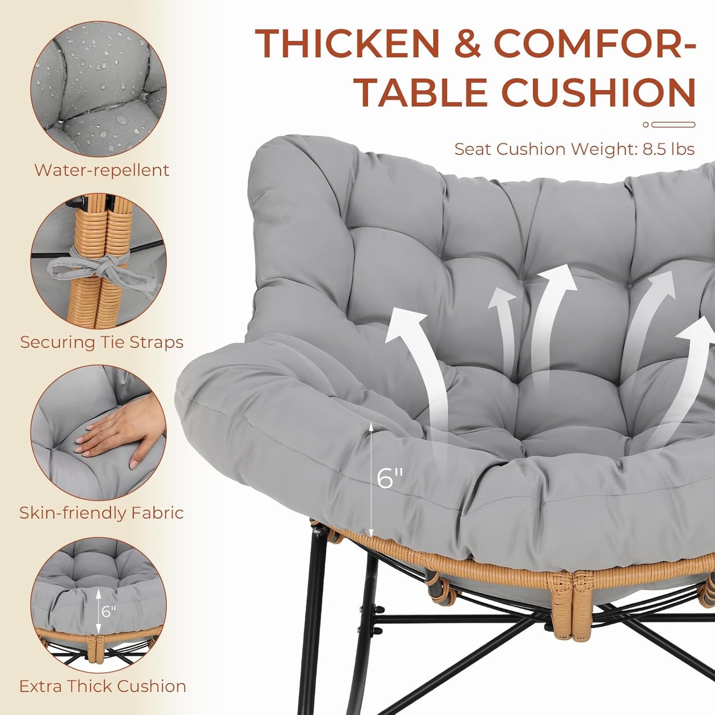 LAZY BUDDY Outdoor Rocking Chair with Ottoman, Oversized Papasan Rocking Chair with Thick Cushion, Indoor Outdoor Cozy Rocker for Balcony, Living Room, Patio