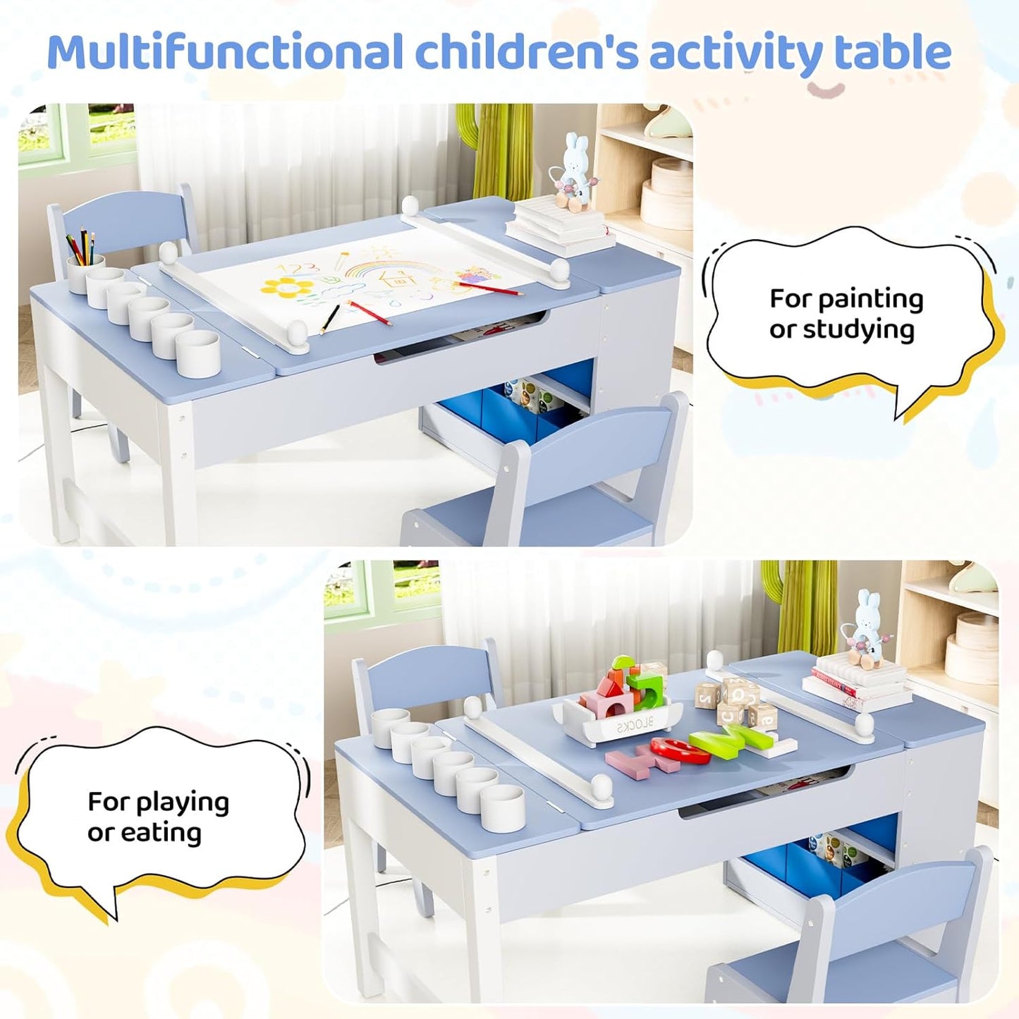 LAZY BUDDY Kids Art Table and Chairs Set, 2-in-1 Easel & Kids Craft Table and Chairs with Storage Bins, Paint Cups and Paper Roll
