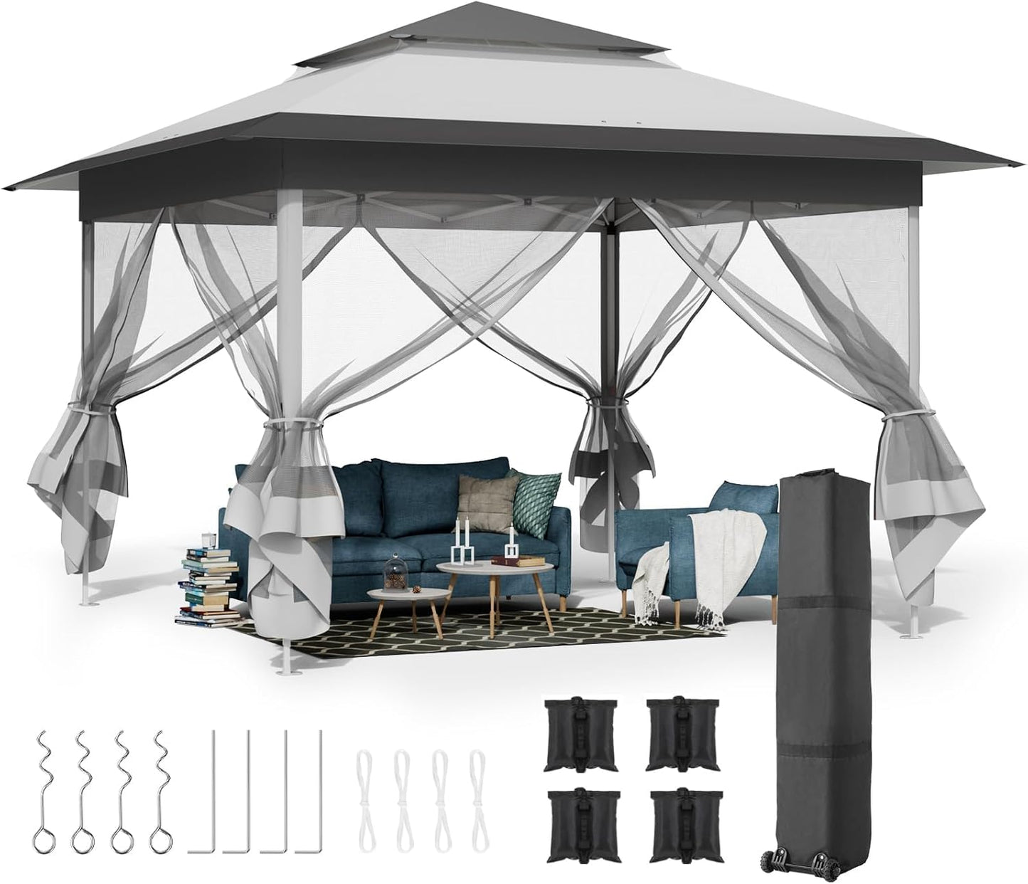 LAZY BUDDY 13ft Pop Up Gazebo, Outdoor Instant Canopy Tent w/4 Netting Sidewall & Auto Extending Eave, Patio Gazebos Shelter w/Mesh Wall, Center Lock, Wheeled Bag for Garden, Yard