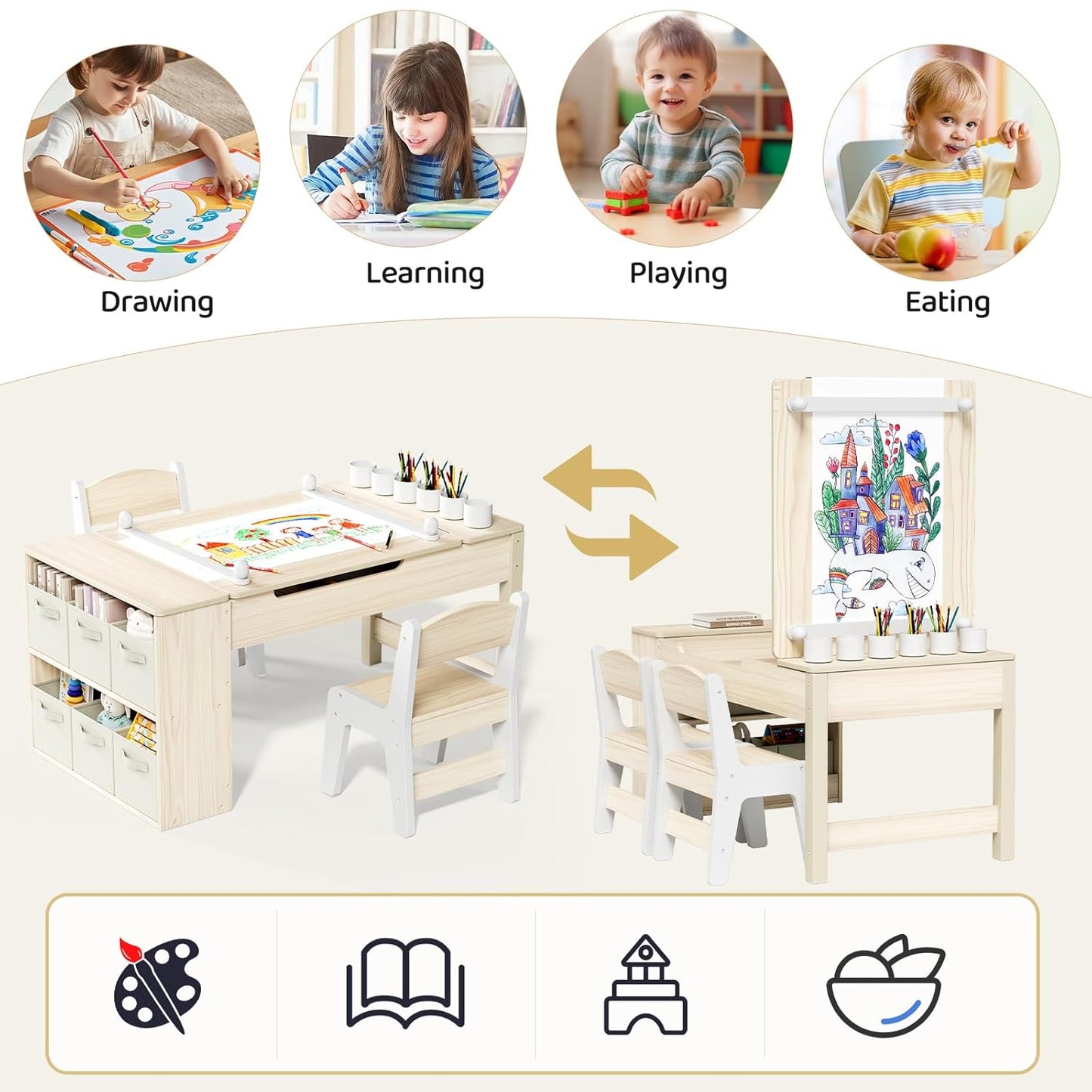 LAZY BUDDY Kids Art Table and Chairs Set, 2-in-1 Easel & Kids Craft Table and Chairs with Storage Bins, Paint Cups and Paper Roll