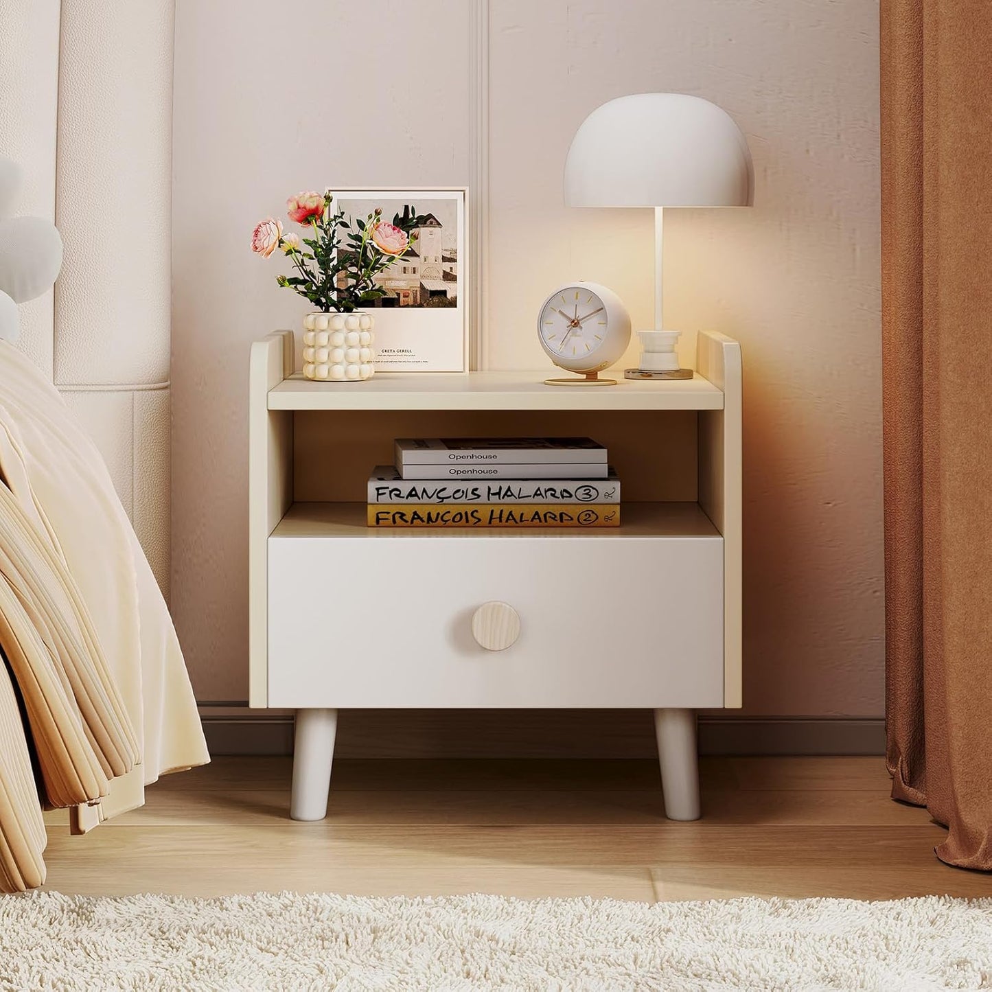 LAZY BUDDY Nightstand with Drawer, Wooden Side Table with Open Shelf, Sturdy Legs, Round Edge, Kid Bedside End for Bedroom Furniture Dorm Small Spaces