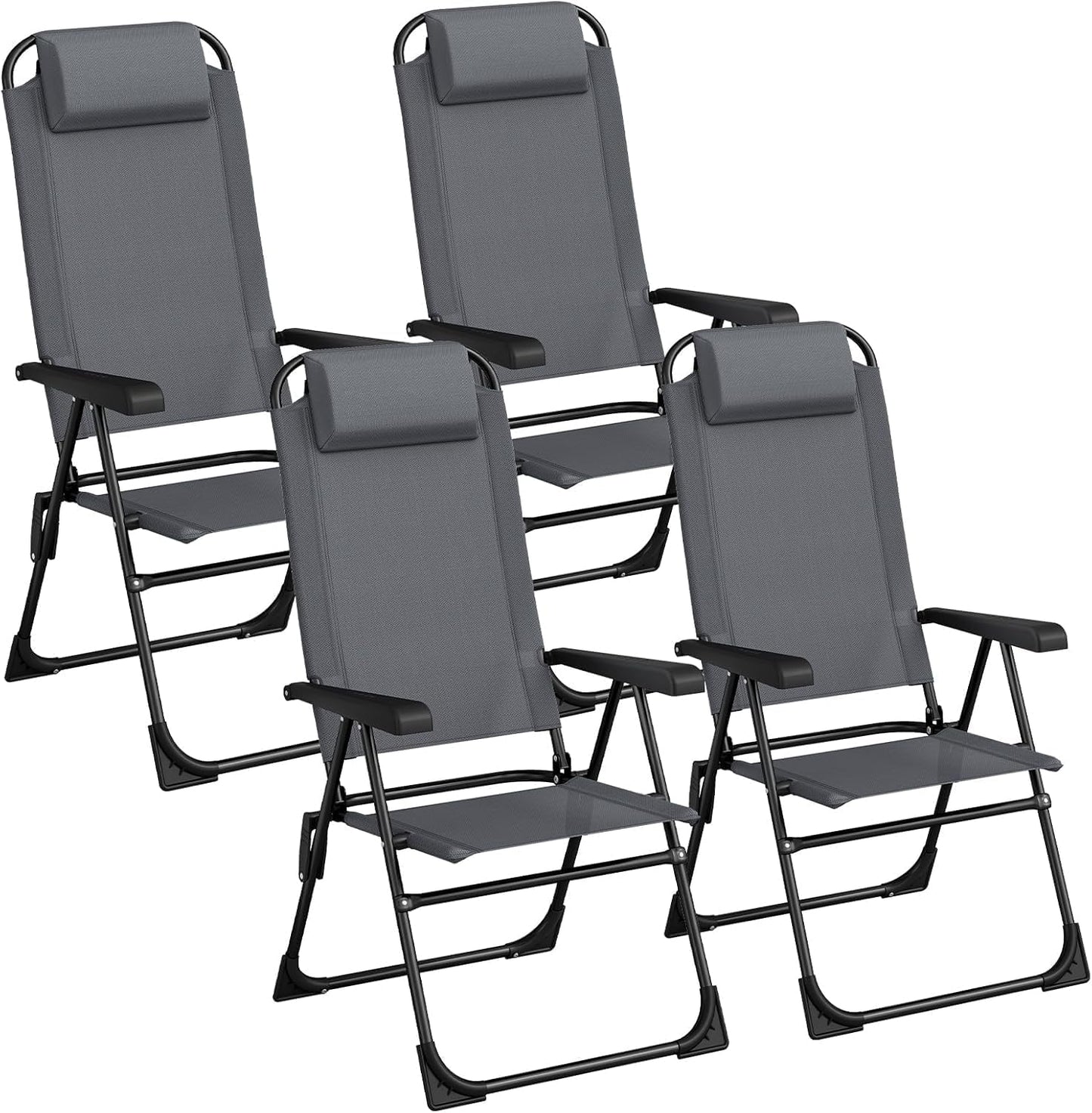 LAZY BUDDY Folding Patio Dining Chairs Set of 2/4 with Armrests, 5-Postion Adjustable Outdoor Chair with Removable Headrest for Deck, Lawn, Garden, Backyard