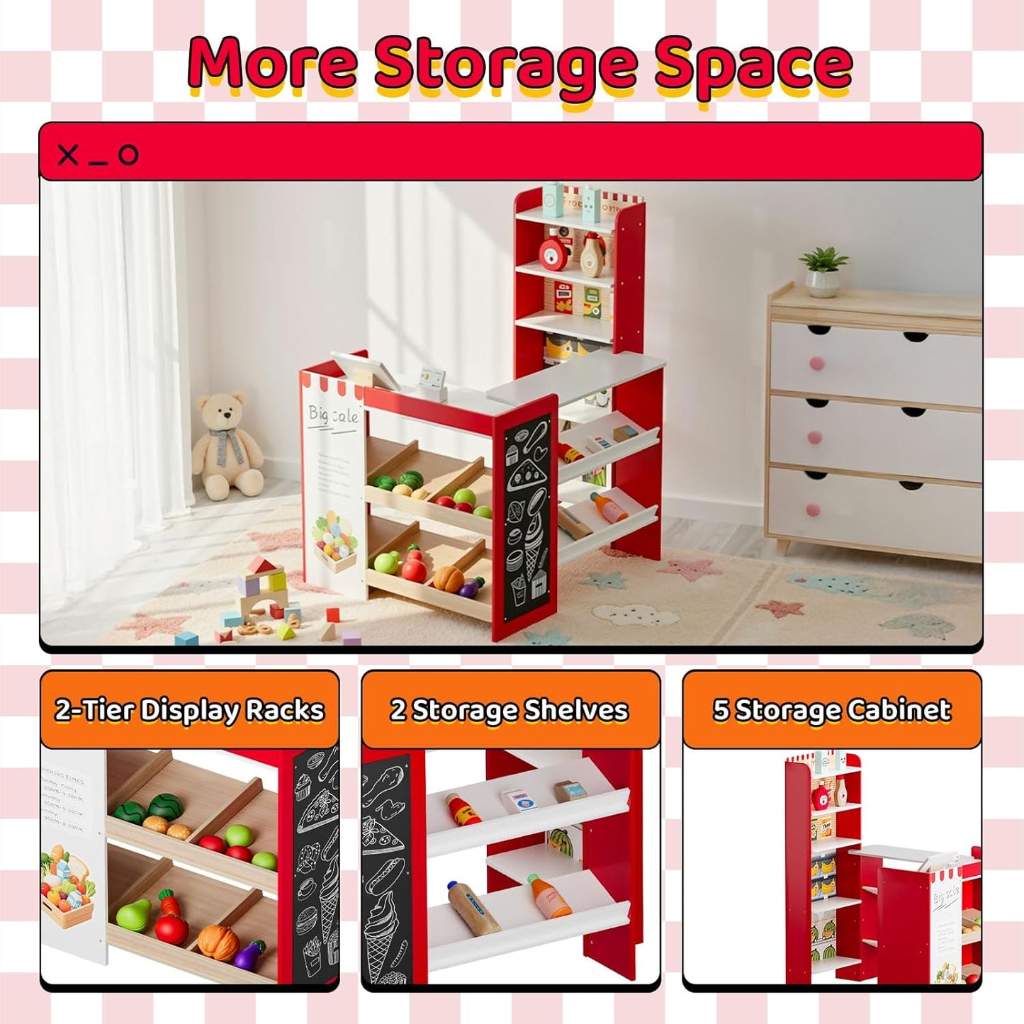 LAZY BUDDY Kids Grocery Store Playset, Wooden Pretend Play Store with 19pcs Accessories, Cash Register, Chalkboard, Interactive Toy for Toddlers 3+
