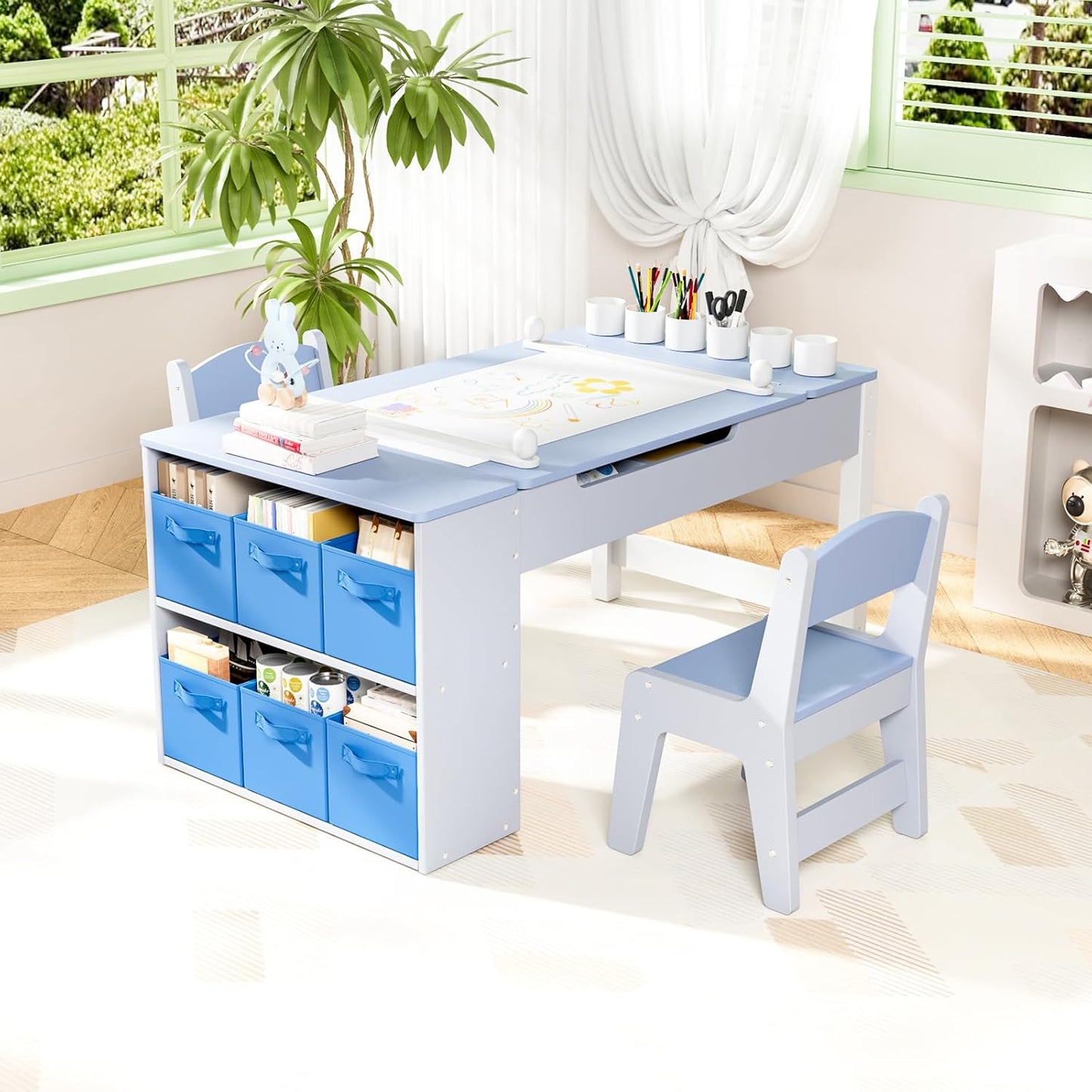 LAZY BUDDY Kids Art Table and Chairs Set, 2-in-1 Easel & Kids Craft Table and Chairs with Storage Bins, Paint Cups and Paper Roll