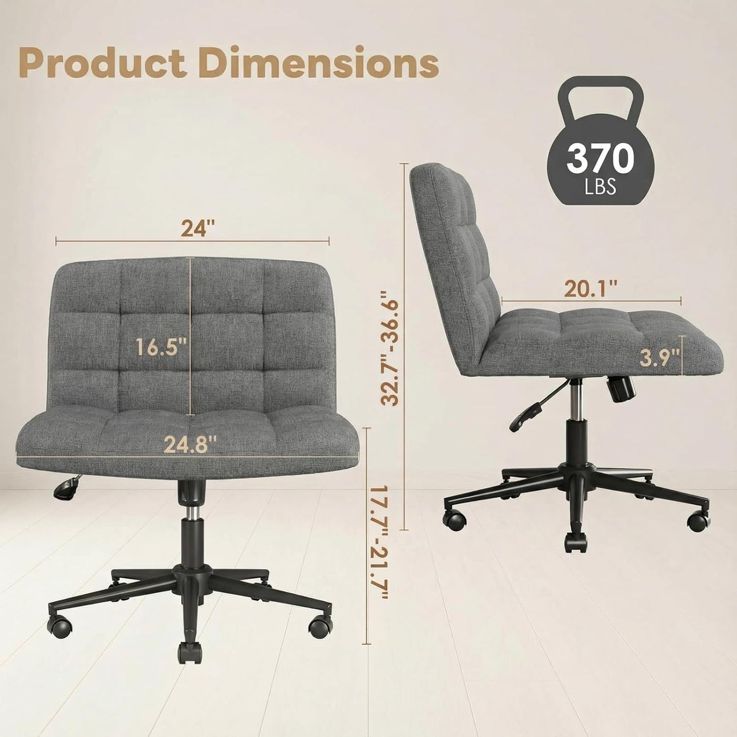 LAZY BUDDY Office Chair, Armless Criss Cross Legged Chair with Wheels, Comfy Home Vanity Task Computer Chair, Adjustable Height