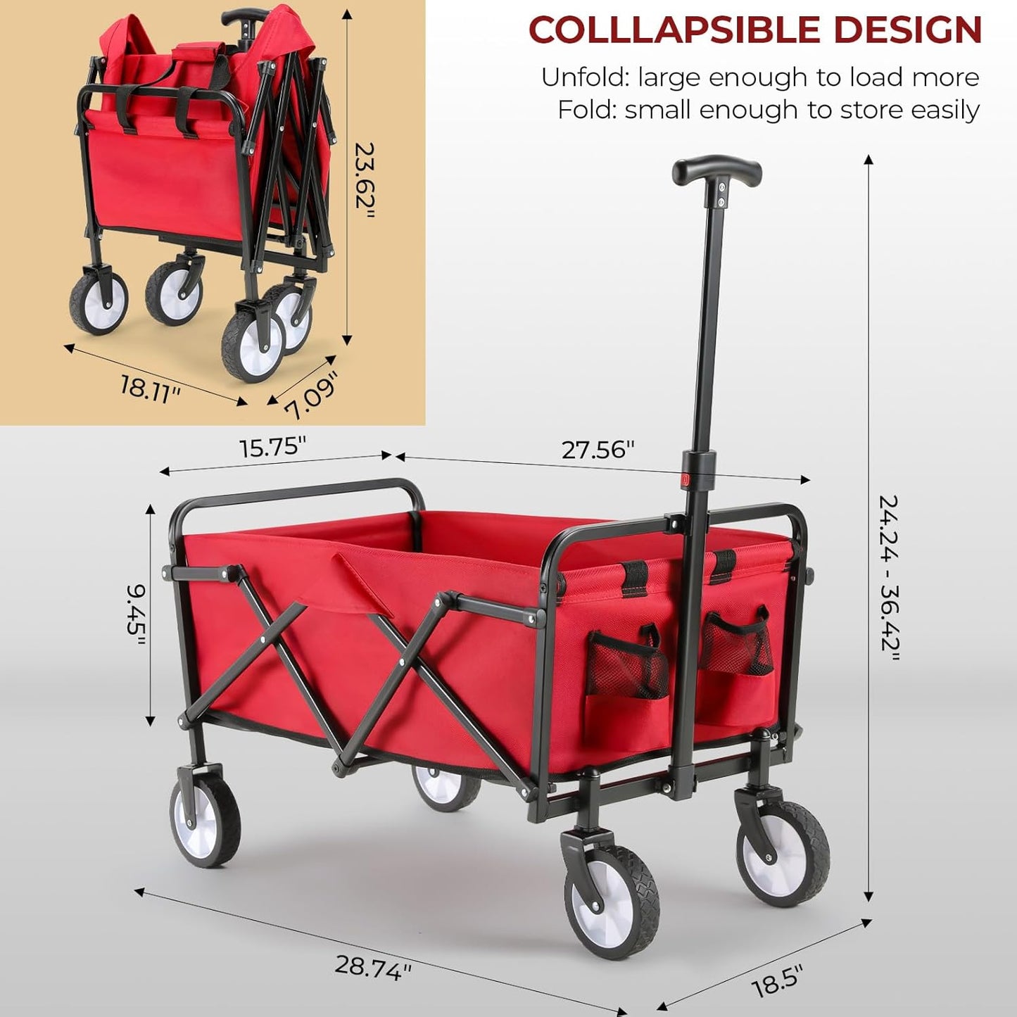 LAZY BUDDY Collapsible Folding Wagon 150 lbs Max Load, Heavy-Duty Portable Utility Shopping Cart, Lightweight Foldable Grocery Stroller, with 360° Wheels, Carry Bag, for Camping, Beach, Garden, Sports
