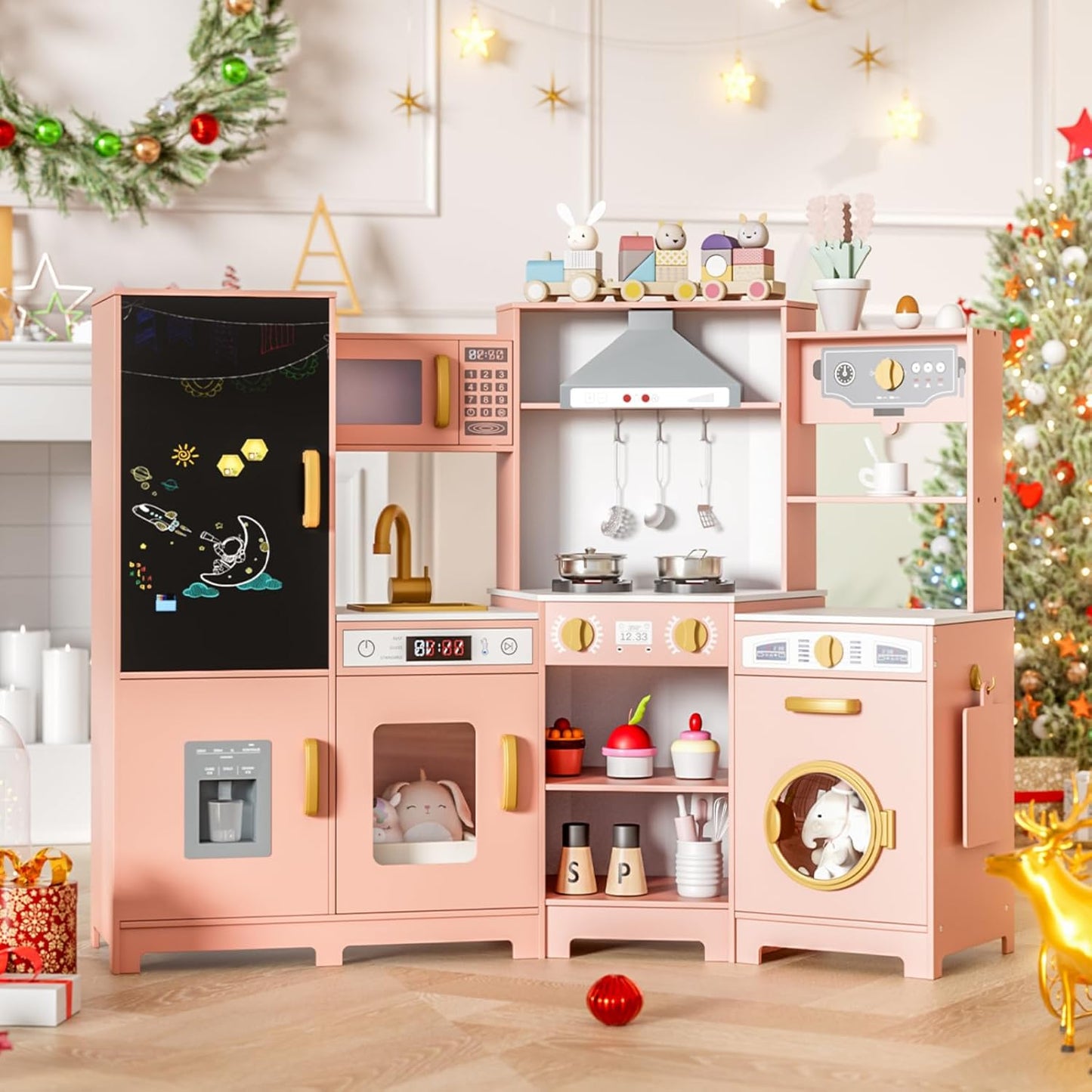 LAZY BUDDY Pretend Play Corner Kitchen, Ultimate Interactive Wooden Kids Kitchen Playset with Range Hood, Chalkboard, Ice Maker