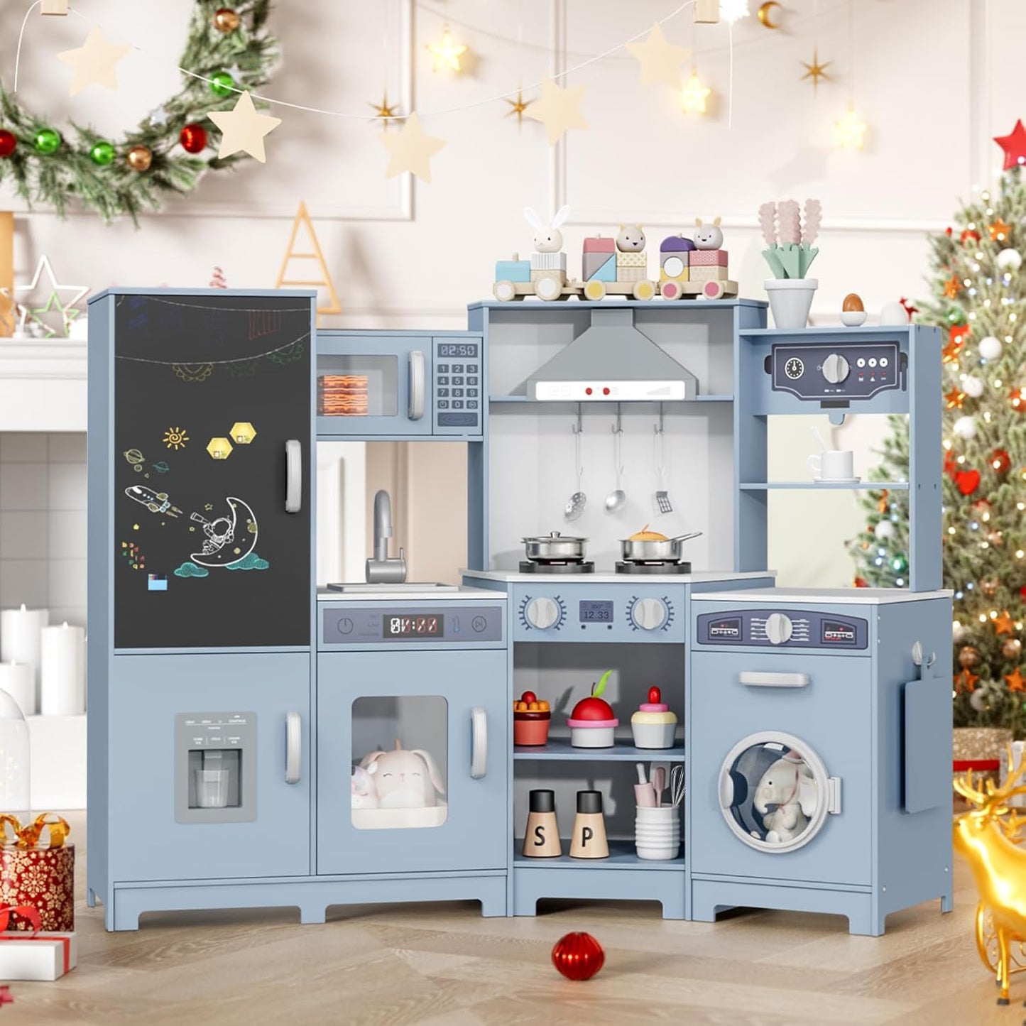 LAZY BUDDY Pretend Play Corner Kitchen, Ultimate Interactive Wooden Kids Kitchen Playset with Range Hood, Chalkboard, Ice Maker