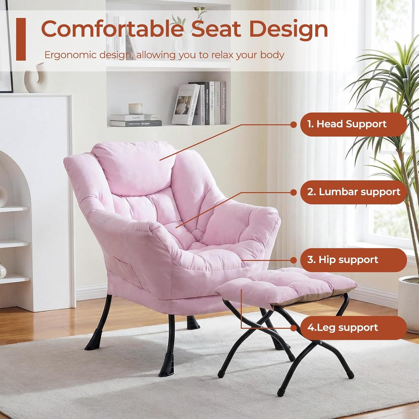 LAZY BUDDY Lazy Chair with Side Pocket, Upholstered Accent Lounge Chair Reading Armchair for Living Room, Bedroom