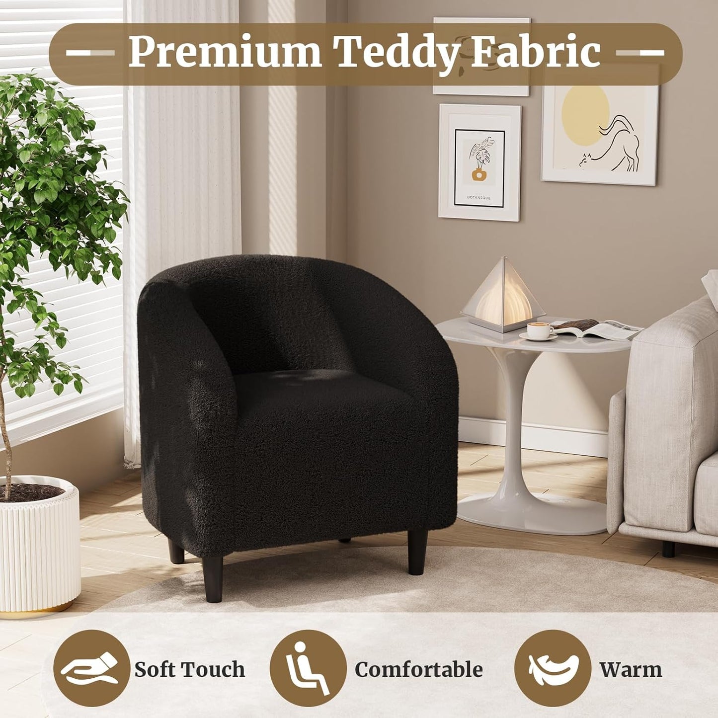 LAZY BUDDY Accent Barrel Chair, Comfy Teddy Fabric Club Chair with Side Pocket, Modern Armchair for Living Room, Bedroom, Office, Reception Space