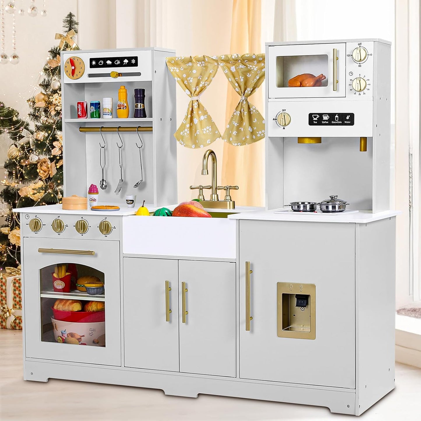 LAZY BUDDY Toddler Play Kitchen, Wooden Kids Kitchen Playset w/Stove, Sink, Microwave, Water Dispenser, Curtain, Gift for Ages 3+