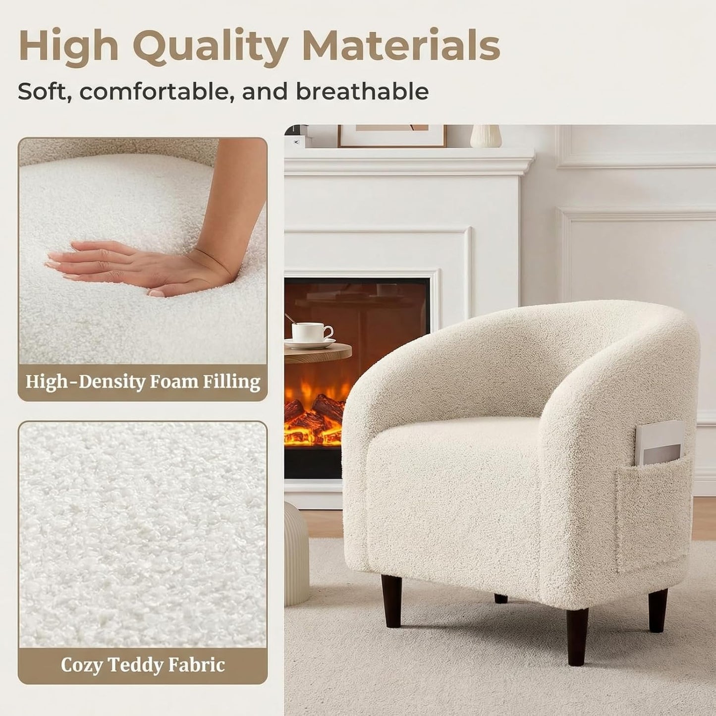 LAZY BUDDY Accent Barrel Chair, Comfy Teddy Fabric Club Chair with Side Pocket, Modern Armchair for Living Room, Bedroom, Office, Reception Space