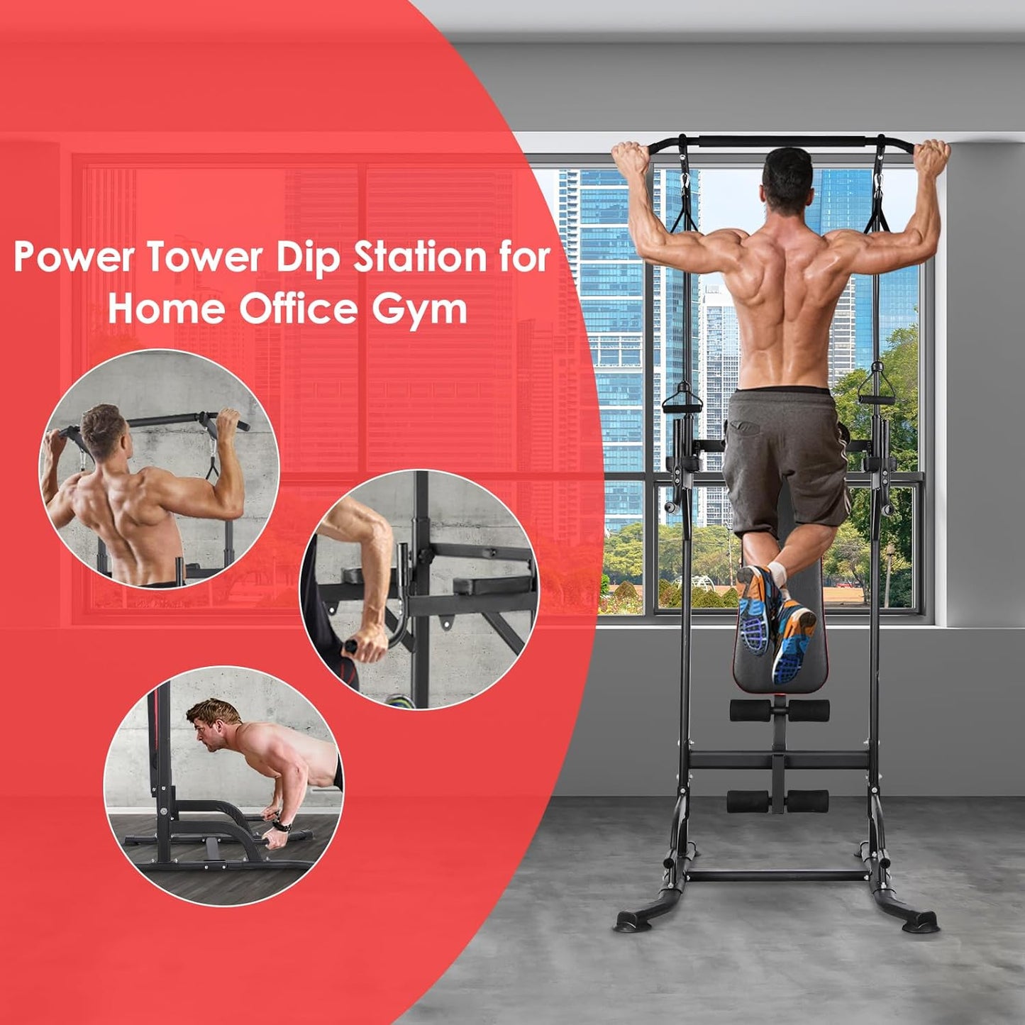 GARTIO Heavy Duty Power Tower Pull Up Bar Dip Station W/ Sit up Bench Home Gym Strength Training Adjustable Height - 400 lbs