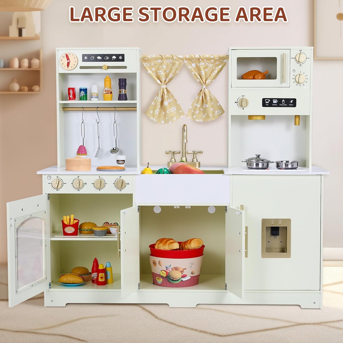 LAZY BUDDY Toddler Play Kitchen, Wooden Kids Kitchen Playset w/Stove, Sink, Microwave, Water Dispenser, Curtain, Gift for Ages 3+