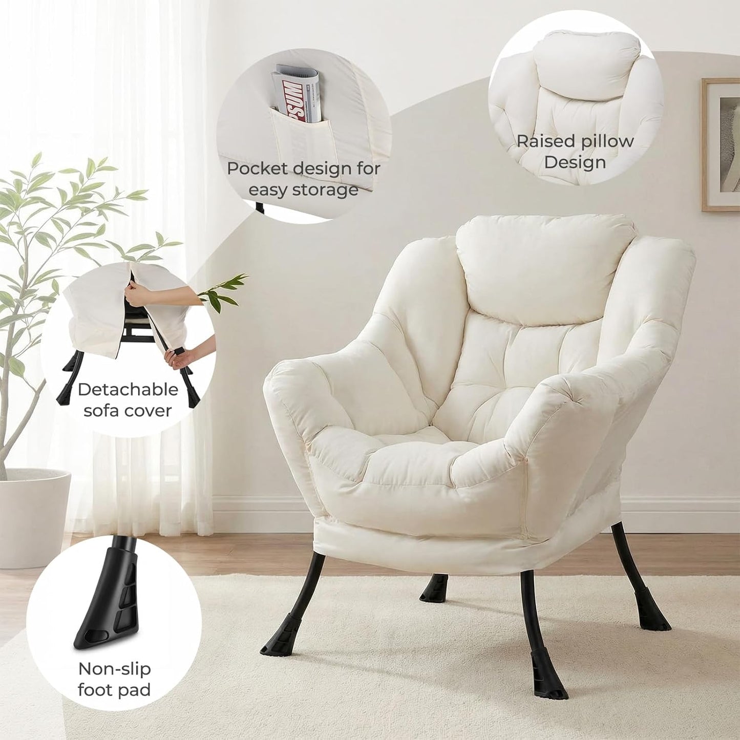 LAZY BUDDY Lazy Chair with Side Pocket, Upholstered Accent Lounge Chair Reading Armchair for Living Room, Bedroom