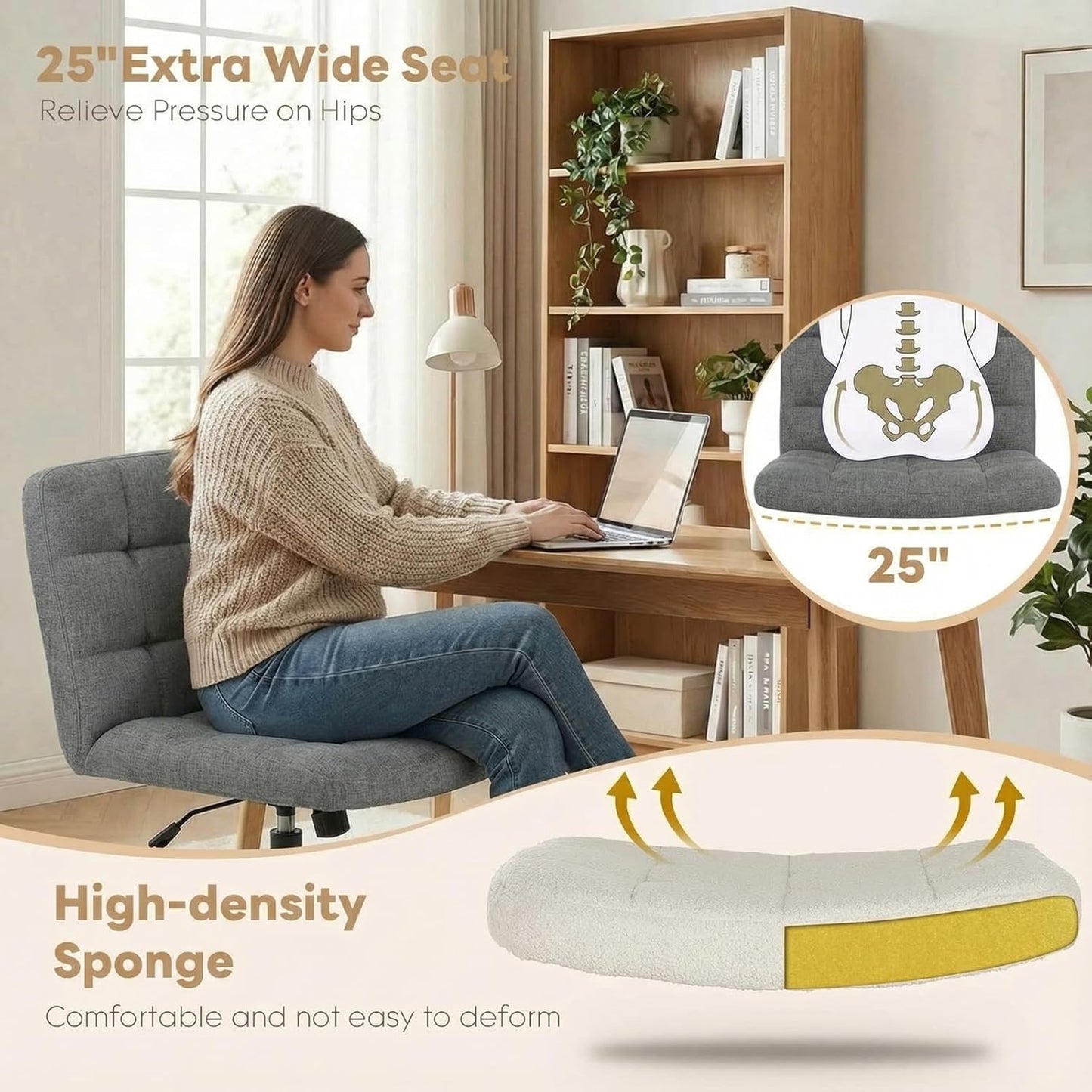 LAZY BUDDY Office Chair, Armless Criss Cross Legged Chair with Wheels, Comfy Home Vanity Task Computer Chair, Adjustable Height