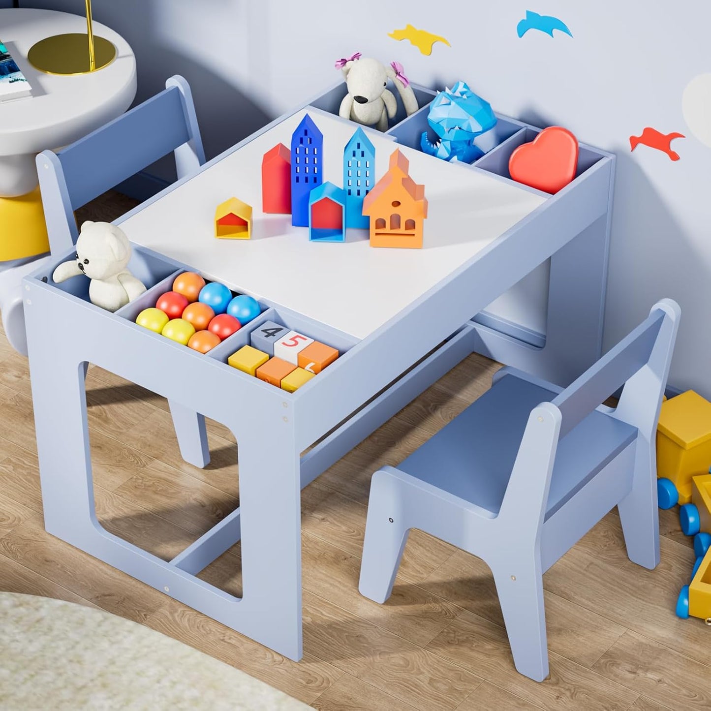 LAZY BUDDY Kids Table & Chair Set, 3 in 1 Children Wood Activity Table W/ Storage Detachable Tabletop for Children Drawing Reading Art Craft, Playroom, Nursery, Toddler Table and Chair Set