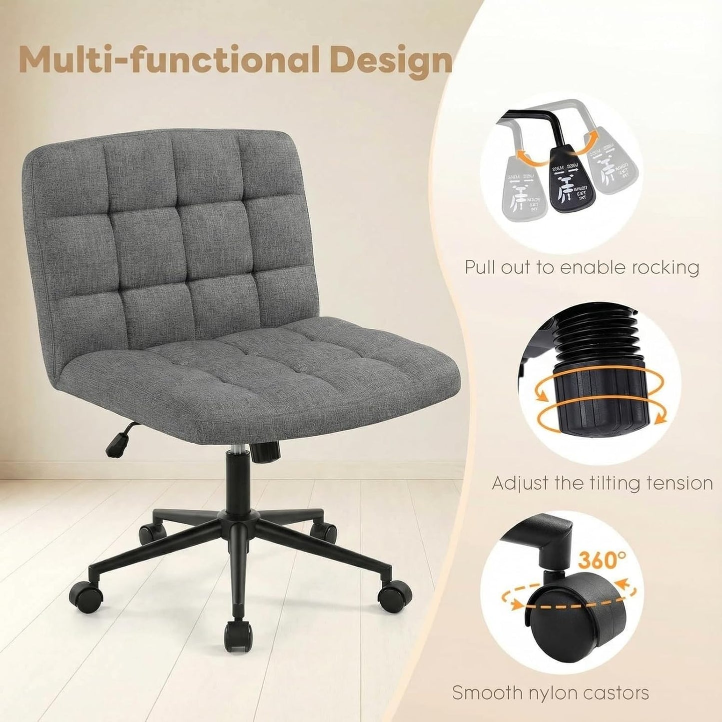 LAZY BUDDY Office Chair, Armless Criss Cross Legged Chair with Wheels, Comfy Home Vanity Task Computer Chair, Adjustable Height
