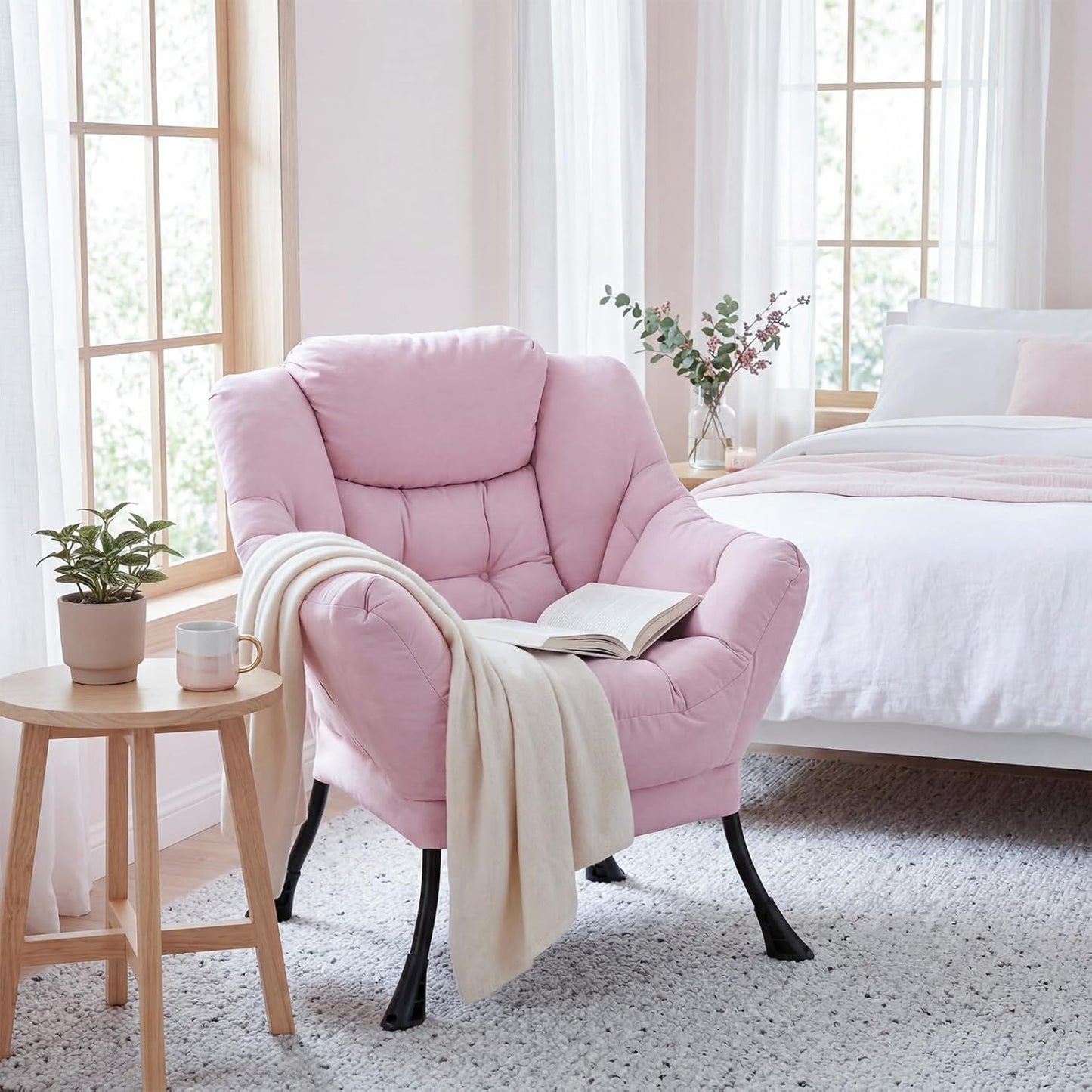LAZY BUDDY Lazy Chair with Side Pocket, Upholstered Accent Lounge Chair Reading Armchair for Living Room, Bedroom