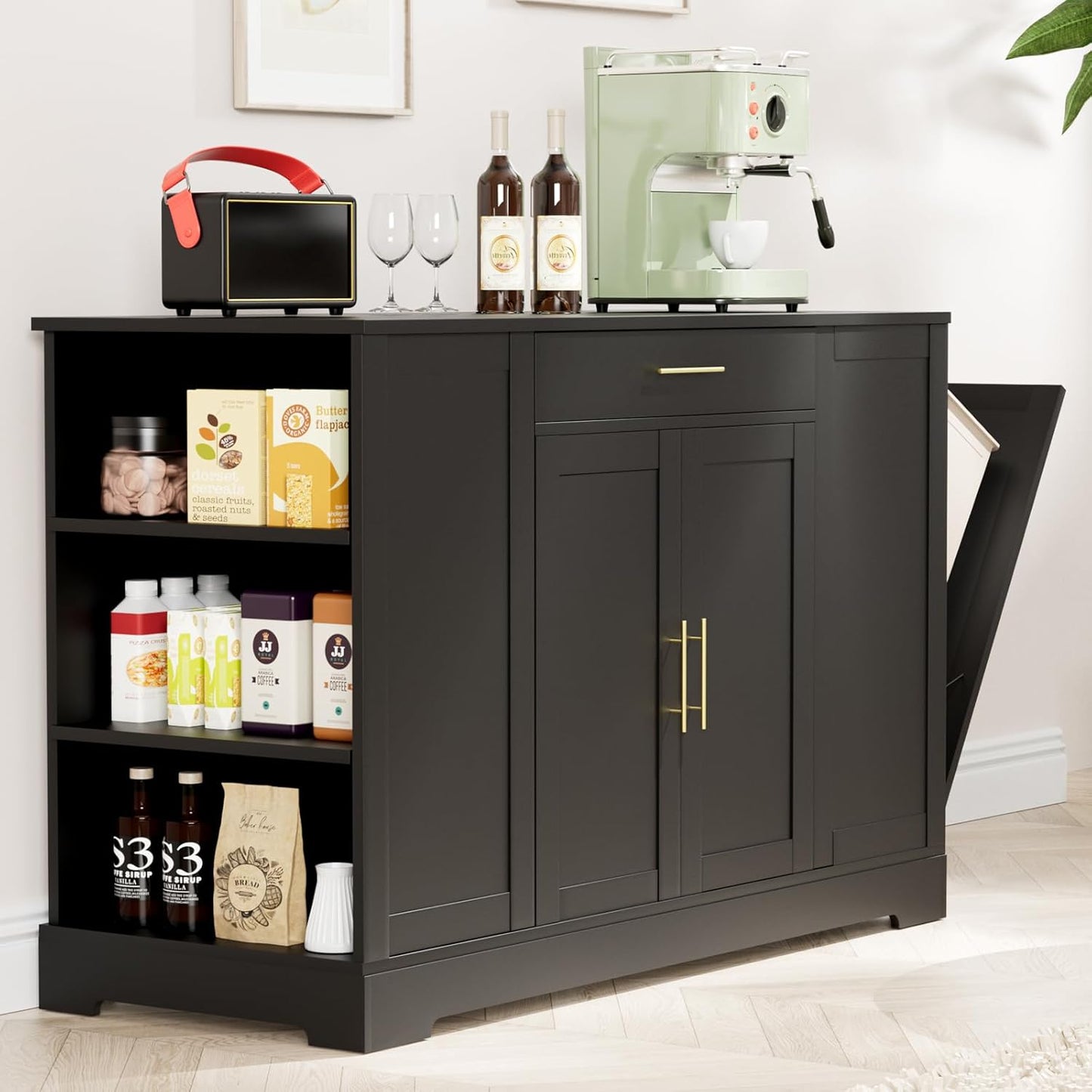 LAZY BUDDY 53" Large Kitchen Island w/ Trash Can Storage Cabinet, Wooden Stationary Storage Pantry for 13 Gallon Garbage Bin with Drawer, Adjustable Double Door Cabinet, 3 Layer Open Side Racks