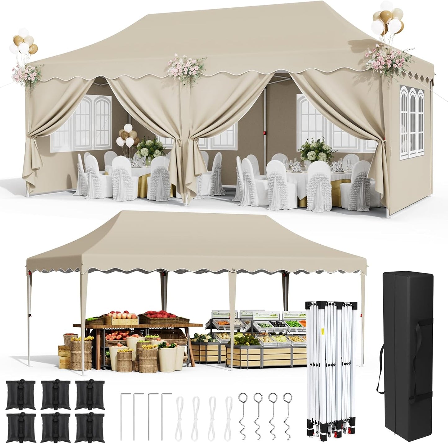 LAZY BUDDY 10' x 20' Ez Pop Up Canopy Tent, Heavy Duty Outdoor Canopy Tent Folding Instant Shelter, Wedding Party Large Gazebo with Sidewalls, Adjustable Height