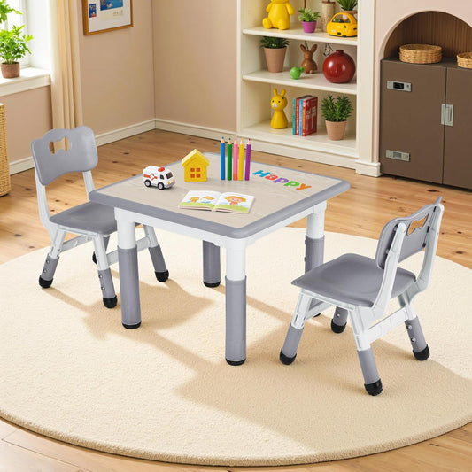 LAZY BUDDY Kids Table and 2 Chairs Set, Height Adjustable Toddler Play Activity Table with Graffiti Desktop for Playroom, Daycare