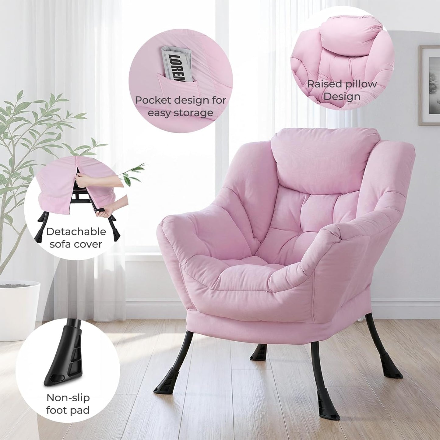 LAZY BUDDY Lazy Chair with Side Pocket, Upholstered Accent Lounge Chair Reading Armchair for Living Room, Bedroom