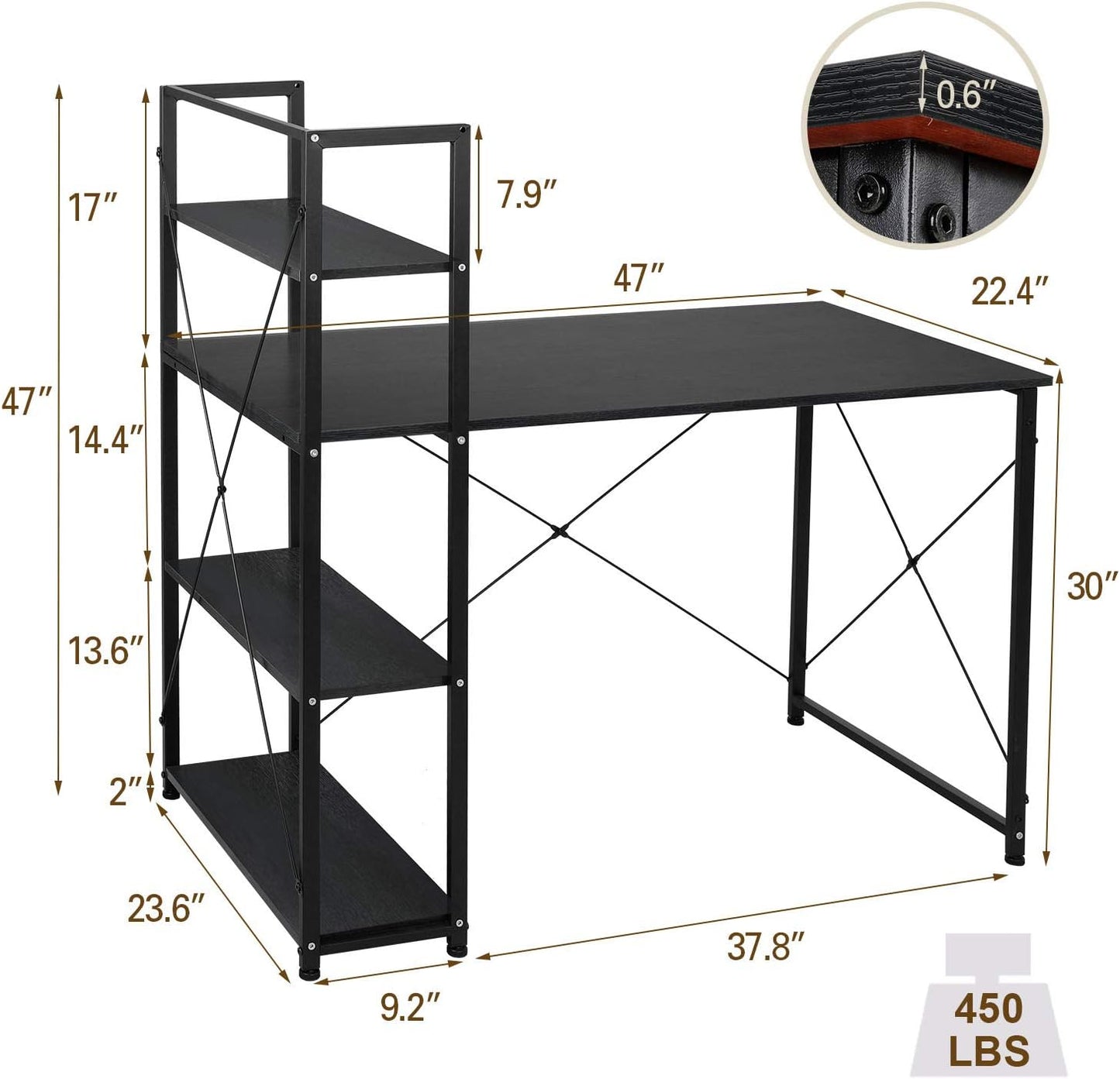 LAZY BUDDY 47'' Computer Desk with 4-Tier Storage Shelves Home Office Desk Studying Writing Table Workstation