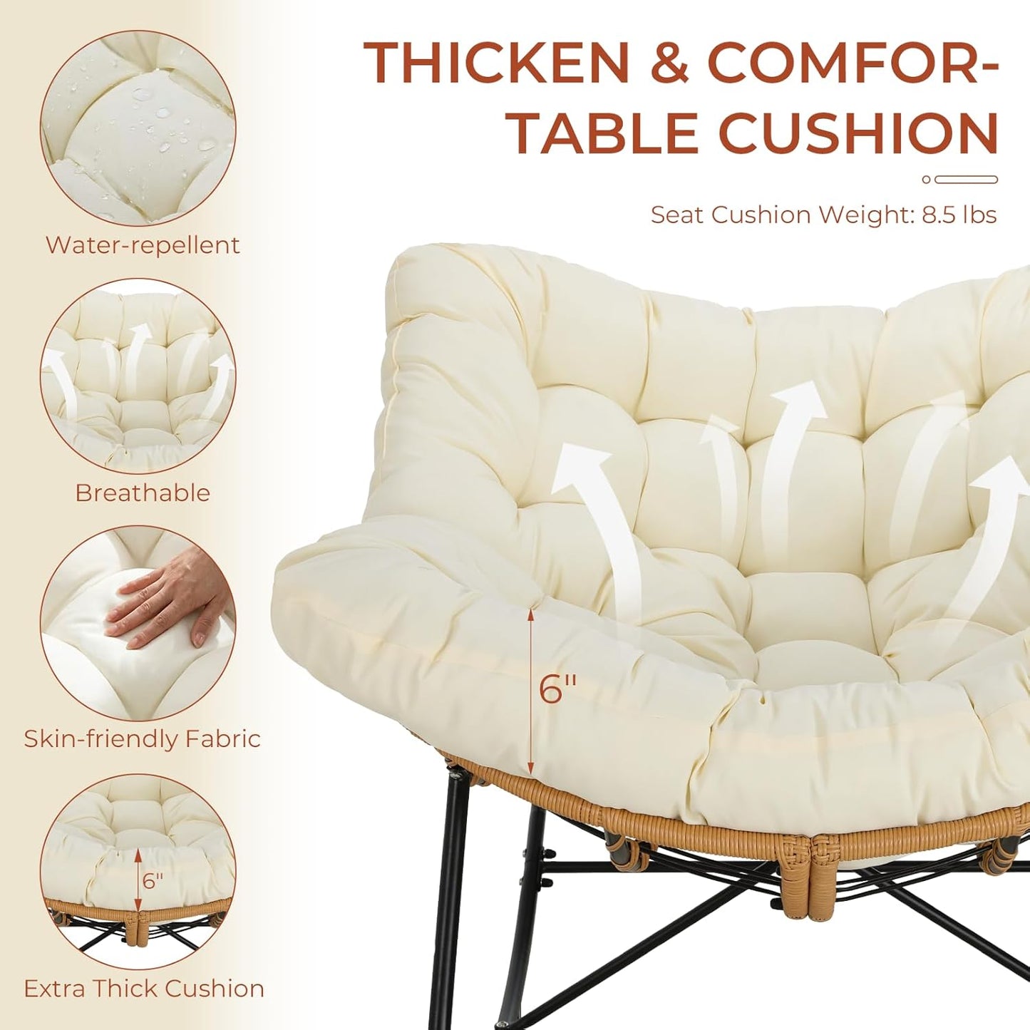 LAZY BUDDY Outdoor Rocking Chair with Ottoman, Oversized Papasan Rocking Chair with Thick Cushion, Indoor Outdoor Cozy Rocker for Balcony, Living Room, Patio