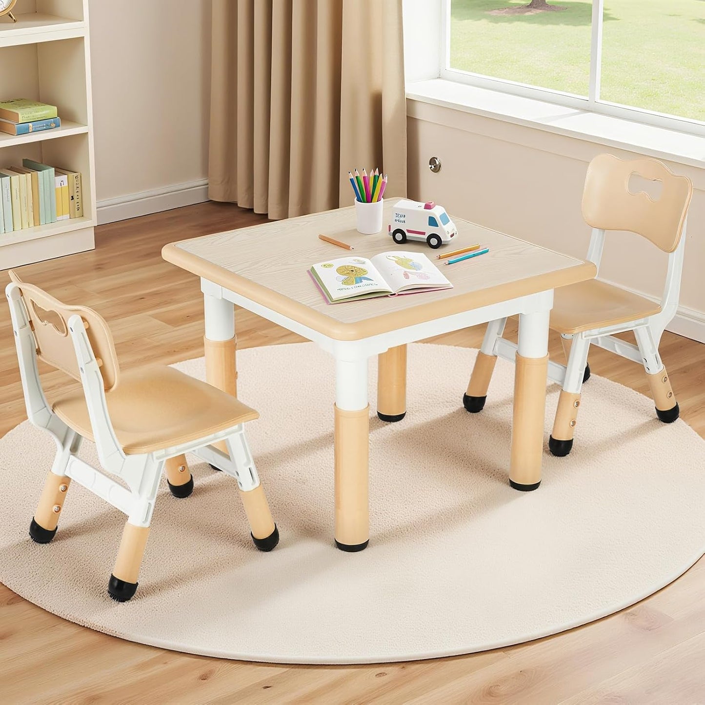 LAZY BUDDY Kids Table and 2 Chairs Set, Height Adjustable Toddler Play Activity Table with Graffiti Desktop for Playroom, Daycare