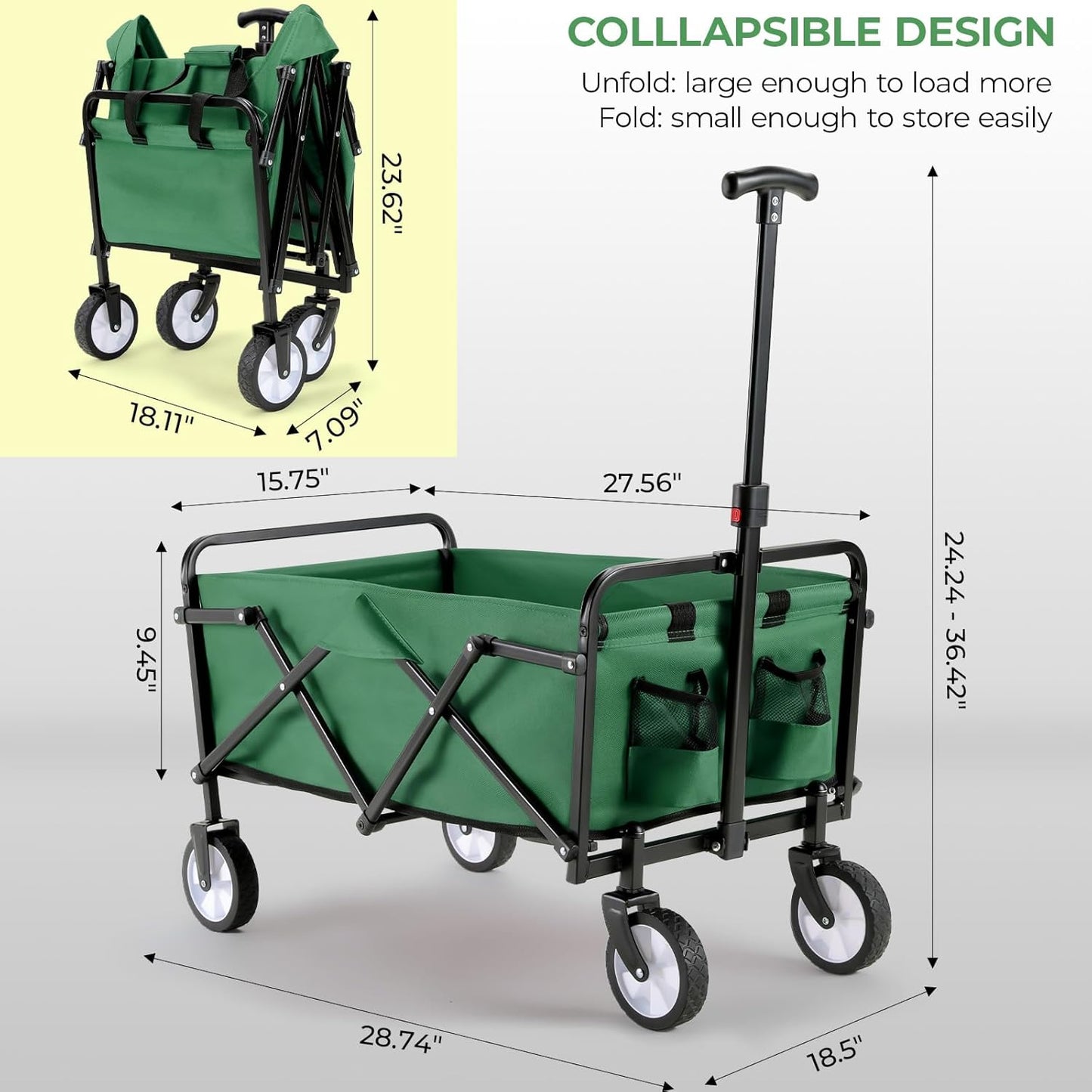LAZY BUDDY Collapsible Folding Wagon 150 lbs Max Load, Heavy-Duty Portable Utility Shopping Cart, Lightweight Foldable Grocery Stroller, with 360° Wheels, Carry Bag, for Camping, Beach, Garden, Sports