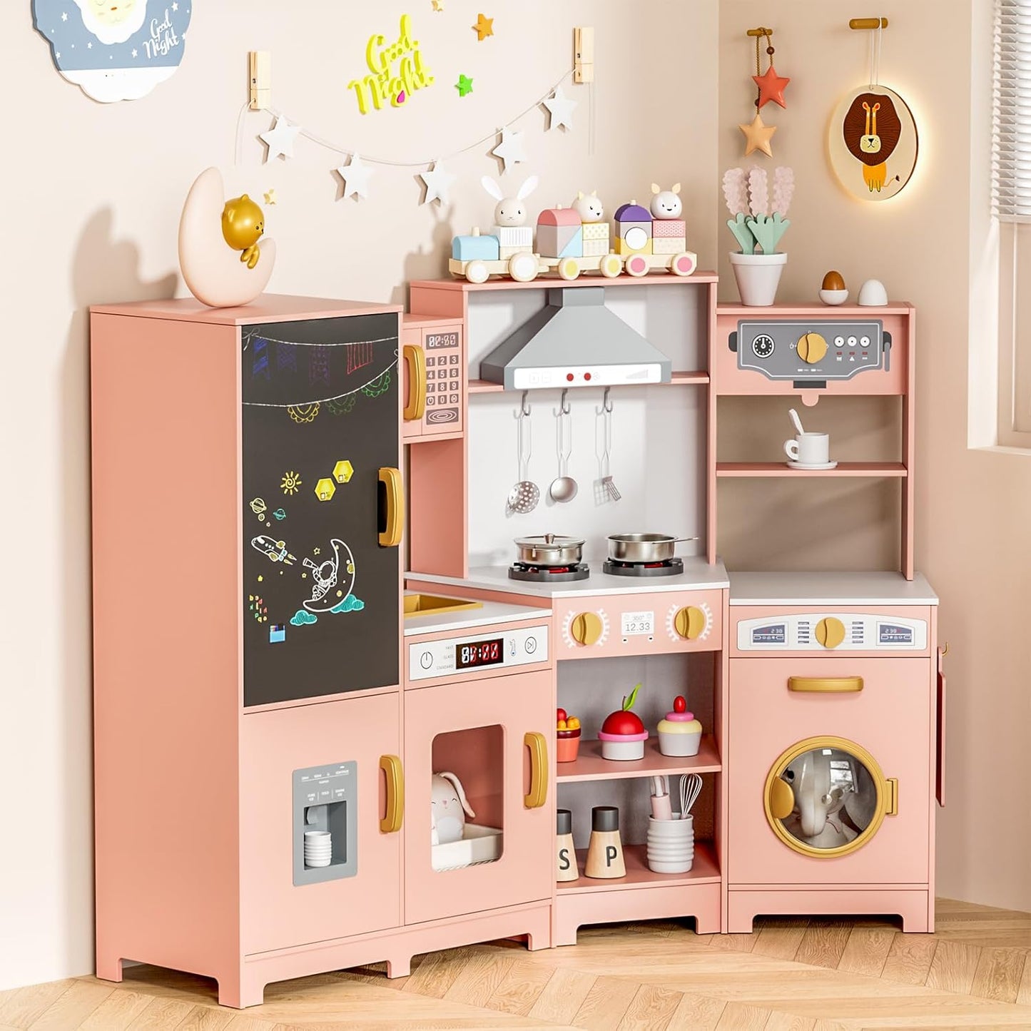 LAZY BUDDY Pretend Play Corner Kitchen, Ultimate Interactive Wooden Kids Kitchen Playset with Range Hood, Chalkboard, Ice Maker