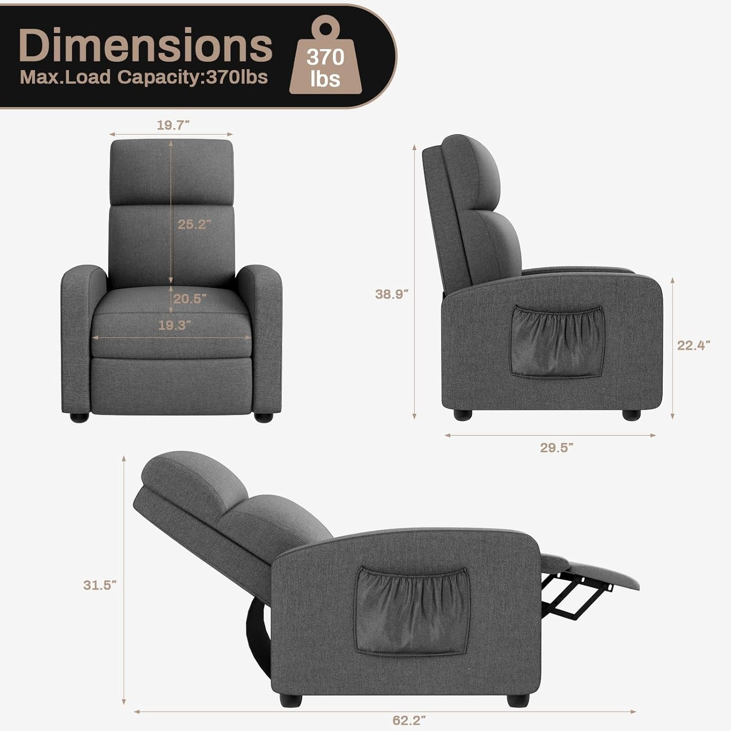 LAZY BUDDY 3 in 1 Adjustable Recliner Chair, Fabric Recliner Sofa for Adults with Side Pocket, Home Theater Seating with Lumbar Support & Backrest for Living Room