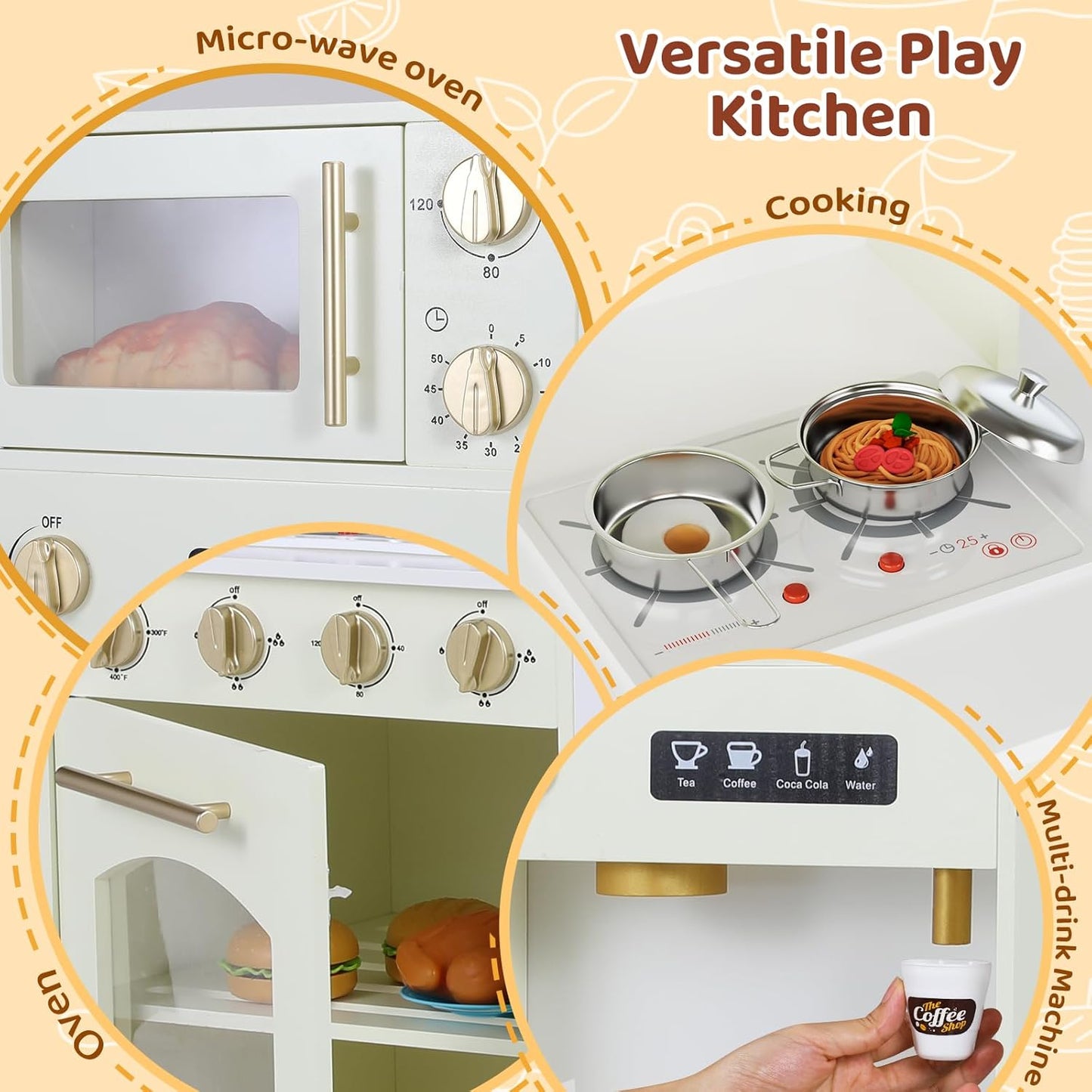 LAZY BUDDY Toddler Play Kitchen, Wooden Kids Kitchen Playset w/Stove, Sink, Microwave, Water Dispenser, Curtain, Gift for Ages 3+