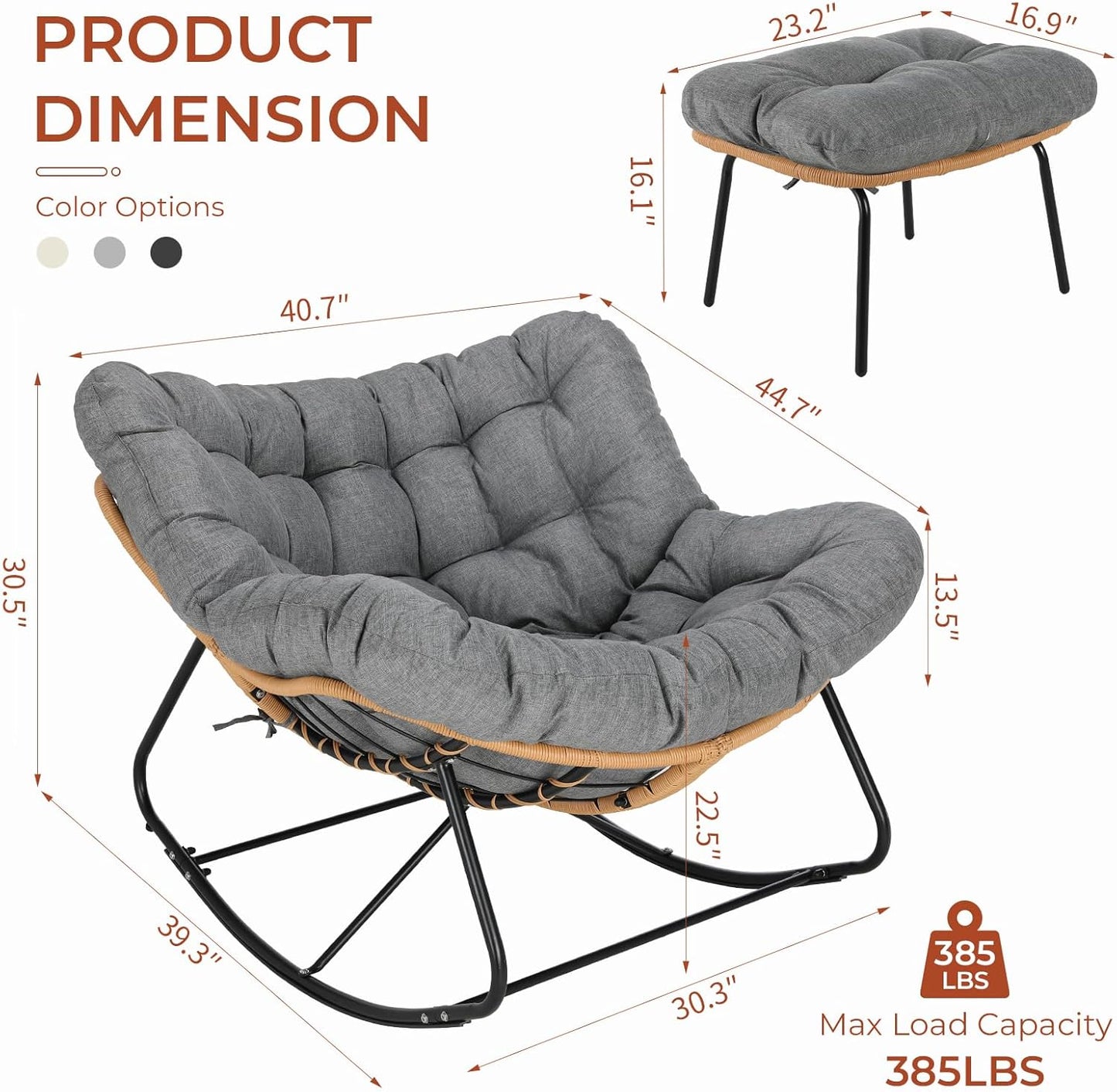 LAZY BUDDY Outdoor Rocking Chair with Ottoman, Oversized Papasan Rocking Chair with Thick Cushion, Indoor Outdoor Cozy Rocker for Balcony, Living Room, Patio