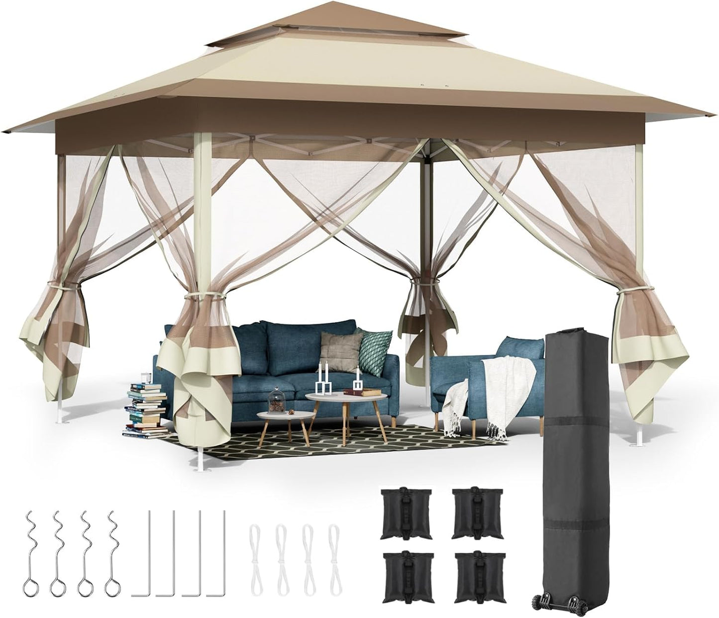 LAZY BUDDY 13ft Pop Up Gazebo, Outdoor Instant Canopy Tent w/4 Netting Sidewall & Auto Extending Eave, Patio Gazebos Shelter w/Mesh Wall, Center Lock, Wheeled Bag for Garden, Yard