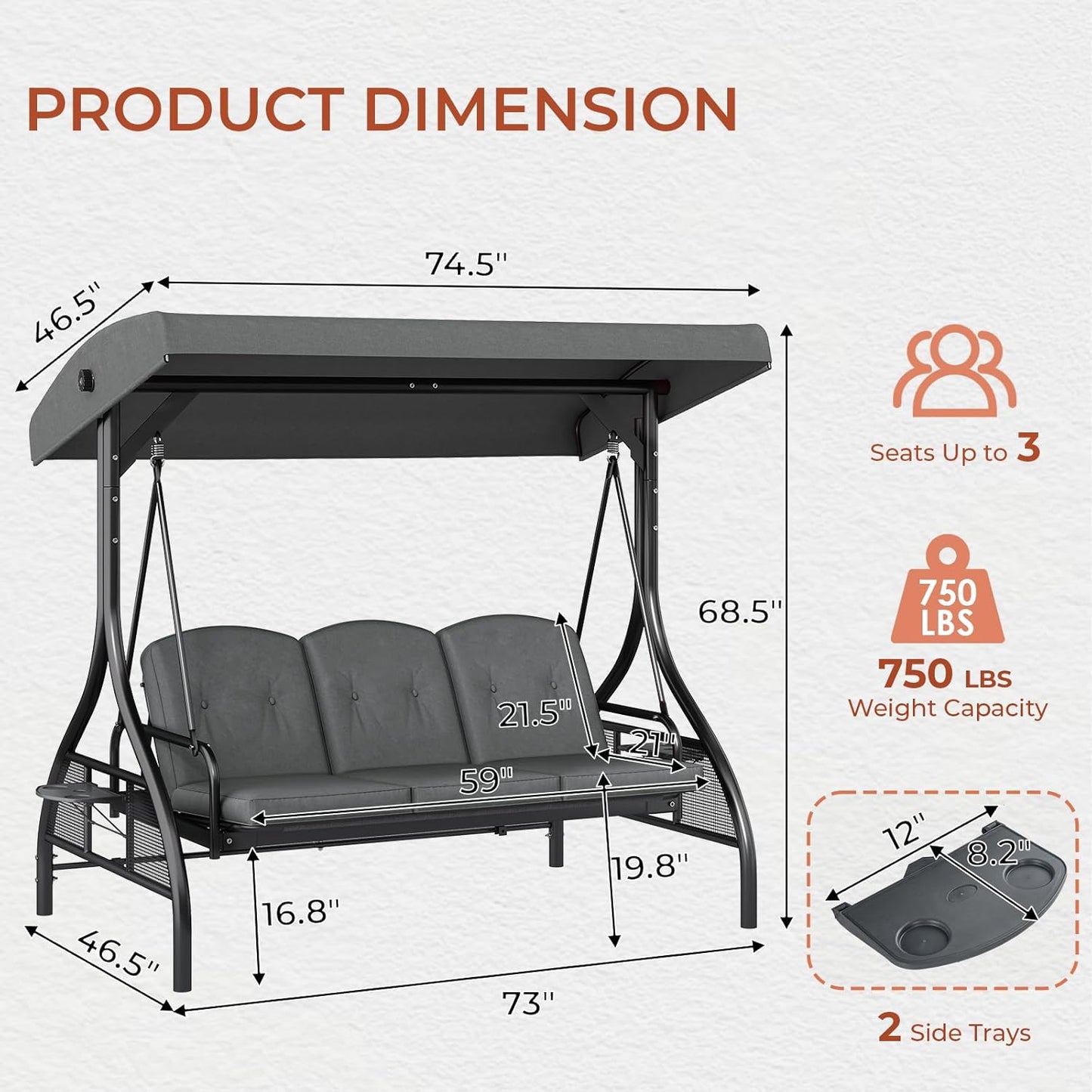 LAZY BUDDY Outdoor Porch Swing with Canopy and Stand, 3 Person Patio Swing for Adults, Convertible 2 in 1 Porch Swing Bed with Cup Holder, 750lbs