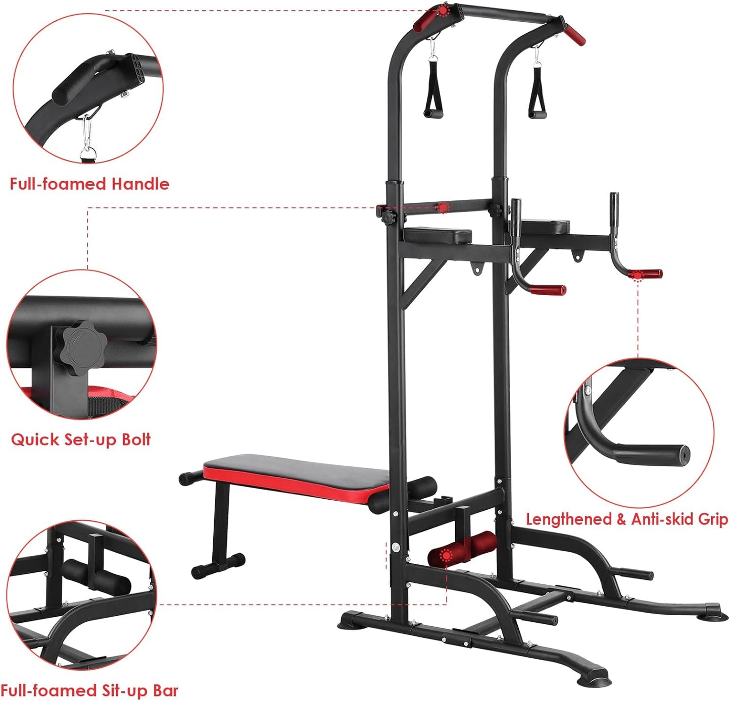 GARTIO Heavy Duty Power Tower Pull Up Bar Dip Station W/ Sit up Bench Home Gym Strength Training Adjustable Height - 400 lbs