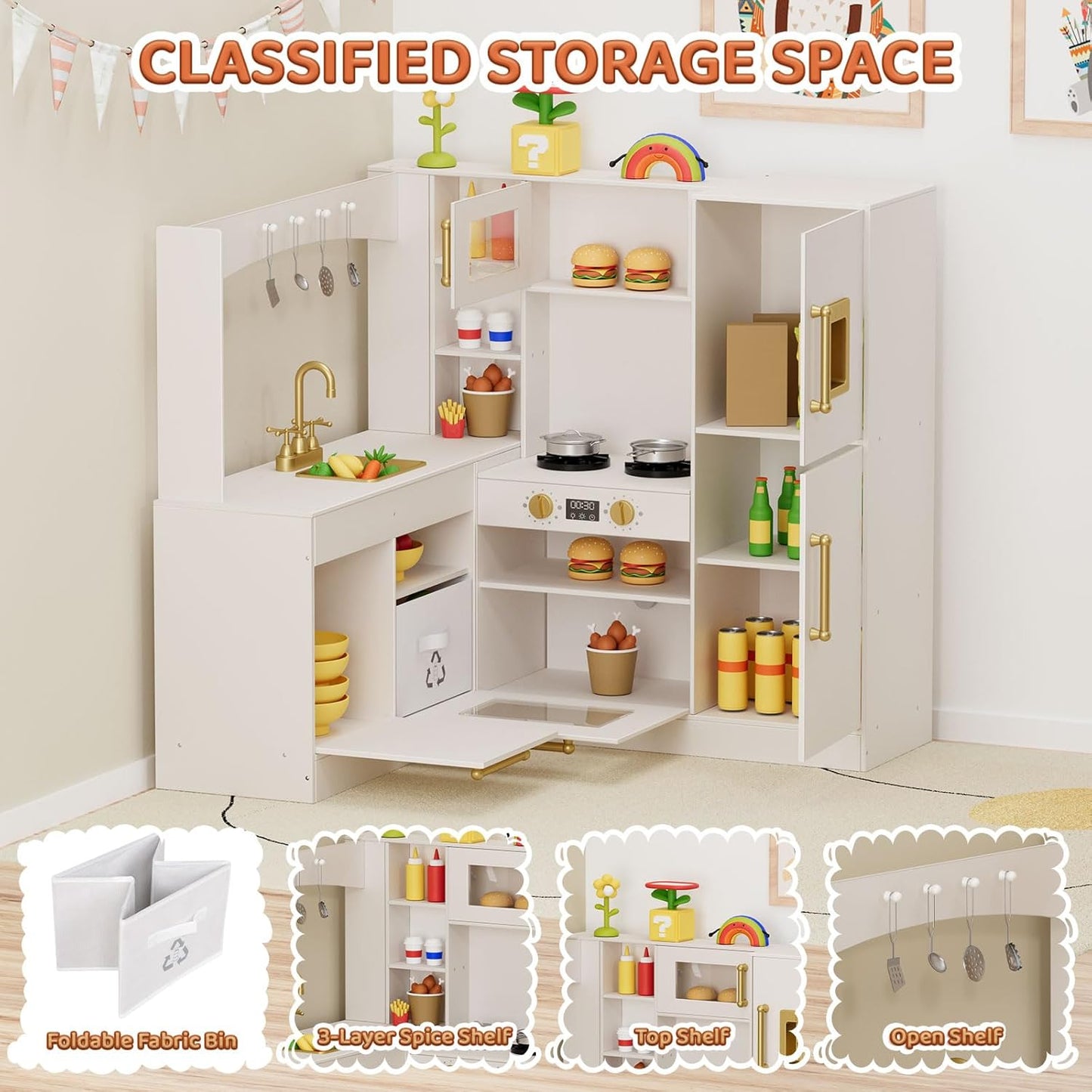 LAZY BUDDY Corner Wooden Play Kitchen w/ Lights & Sounds, Large Toodler Cooking Playset, Pretend Play Kitchen Toy Gift for Ages 3+