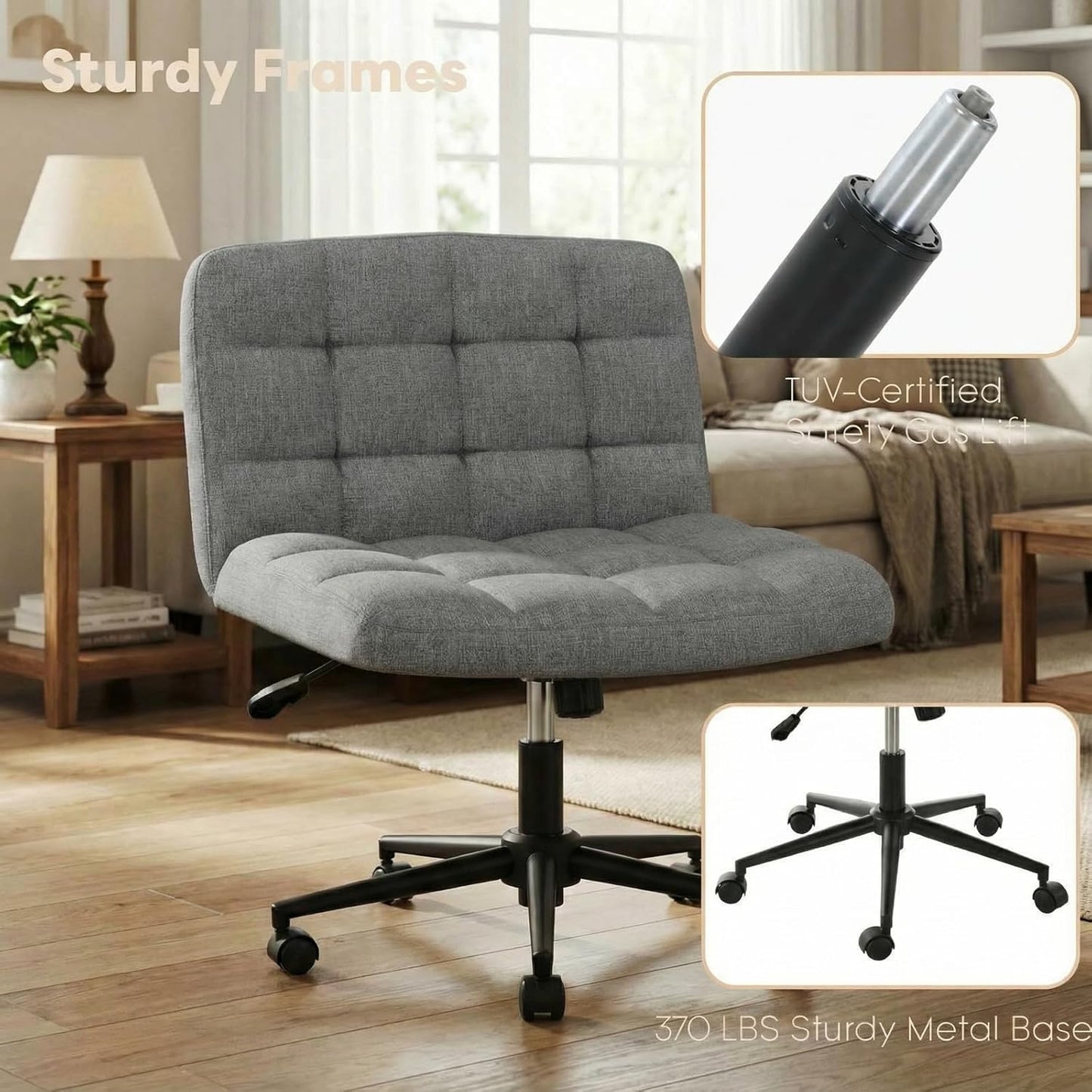 LAZY BUDDY Office Chair, Armless Criss Cross Legged Chair with Wheels, Comfy Home Vanity Task Computer Chair, Adjustable Height