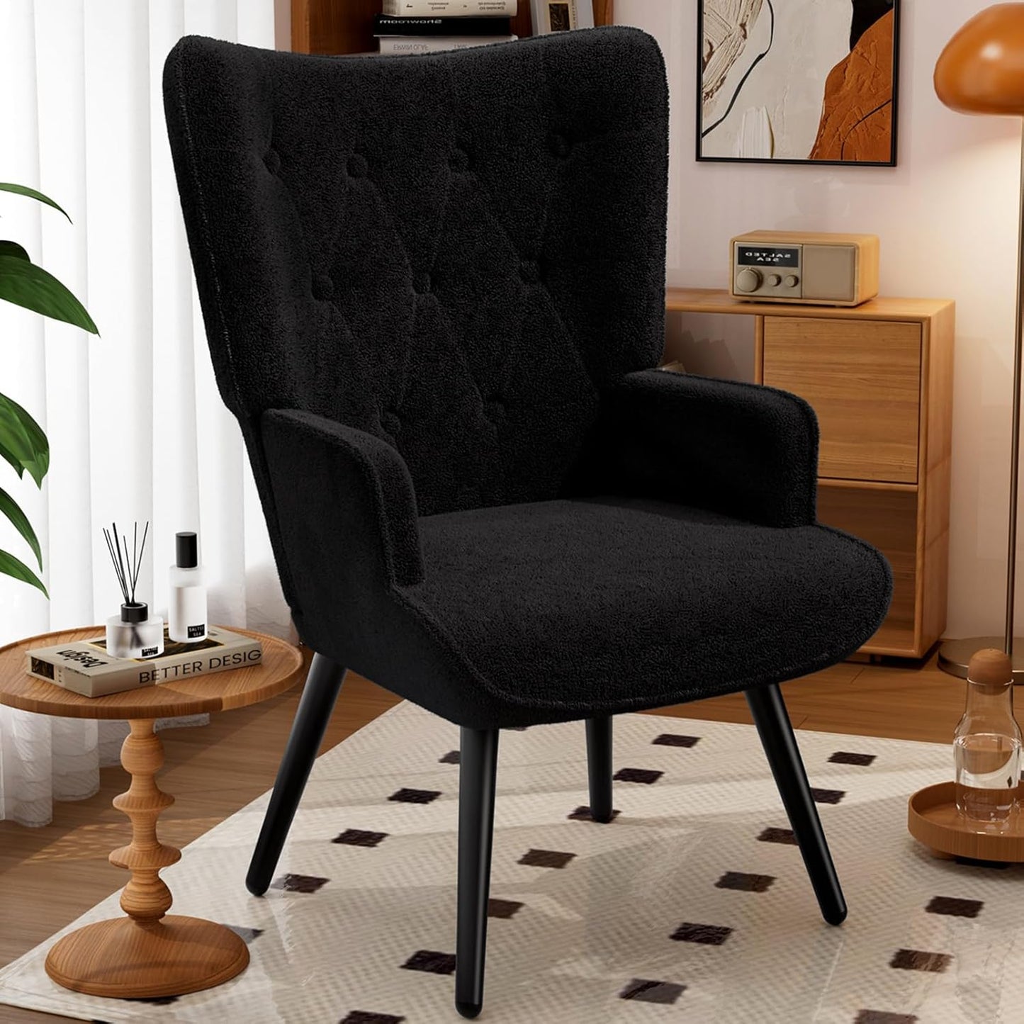 LAZY BUDDY PU Leather Accent Chair, Comfy Wingback Armchair, Upholstered Reading Chair with High Backrest for Living Room, Bedroom, Office