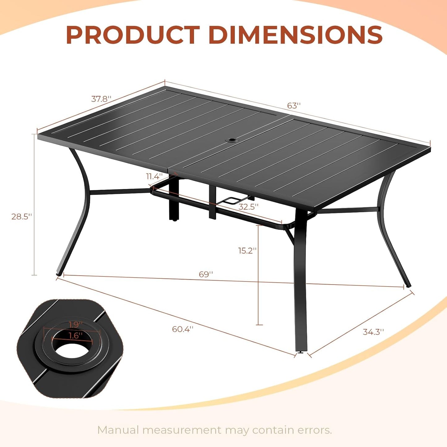 LAZY BUDDY Outdoor Dining Table for 4-6, E-Coating Metal Patio Dining Table with Umbrella Hole, All-Weather Table for Picnic, Garden, Backyard, Poolside
