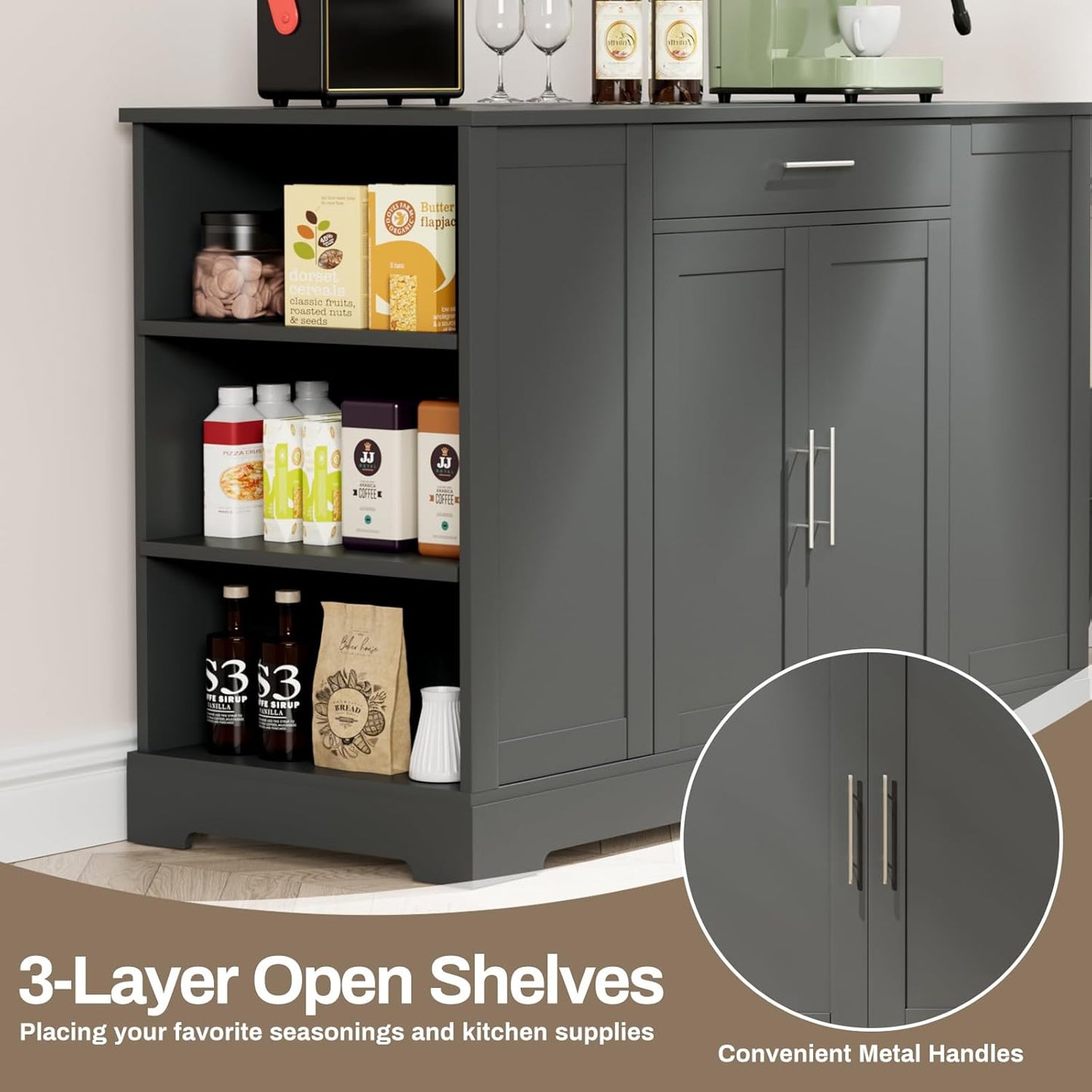 LAZY BUDDY 53" Large Kitchen Island w/ Trash Can Storage Cabinet, Wooden Stationary Storage Pantry for 13 Gallon Garbage Bin with Drawer, Adjustable Double Door Cabinet, 3 Layer Open Side Racks
