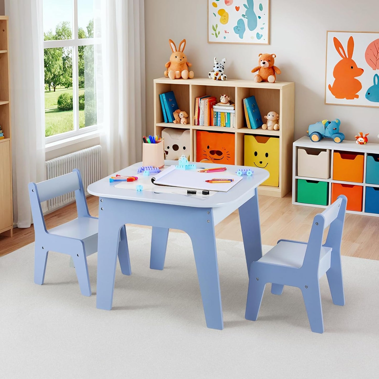 LAZY BUDDY Wooden Kids Table and 2 Chairs Set with Storage, Toddler Activity Table with 2 Removable Double-Sided Tabletops for Drawing, Arts Crafts Playing
