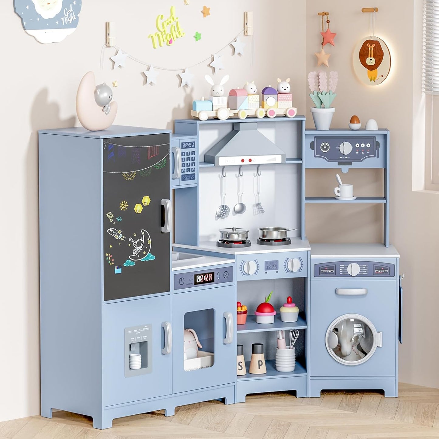 LAZY BUDDY Pretend Play Corner Kitchen, Ultimate Interactive Wooden Kids Kitchen Playset with Range Hood, Chalkboard, Ice Maker