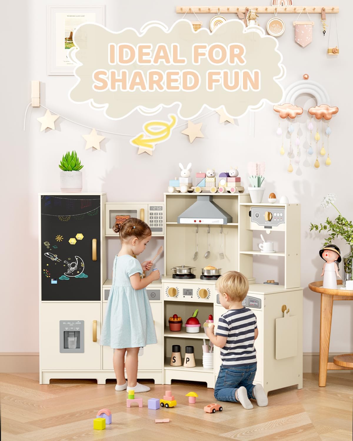 LAZY BUDDY Pretend Play Corner Kitchen, Ultimate Interactive Wooden Kids Kitchen Playset with Range Hood, Chalkboard, Ice Maker