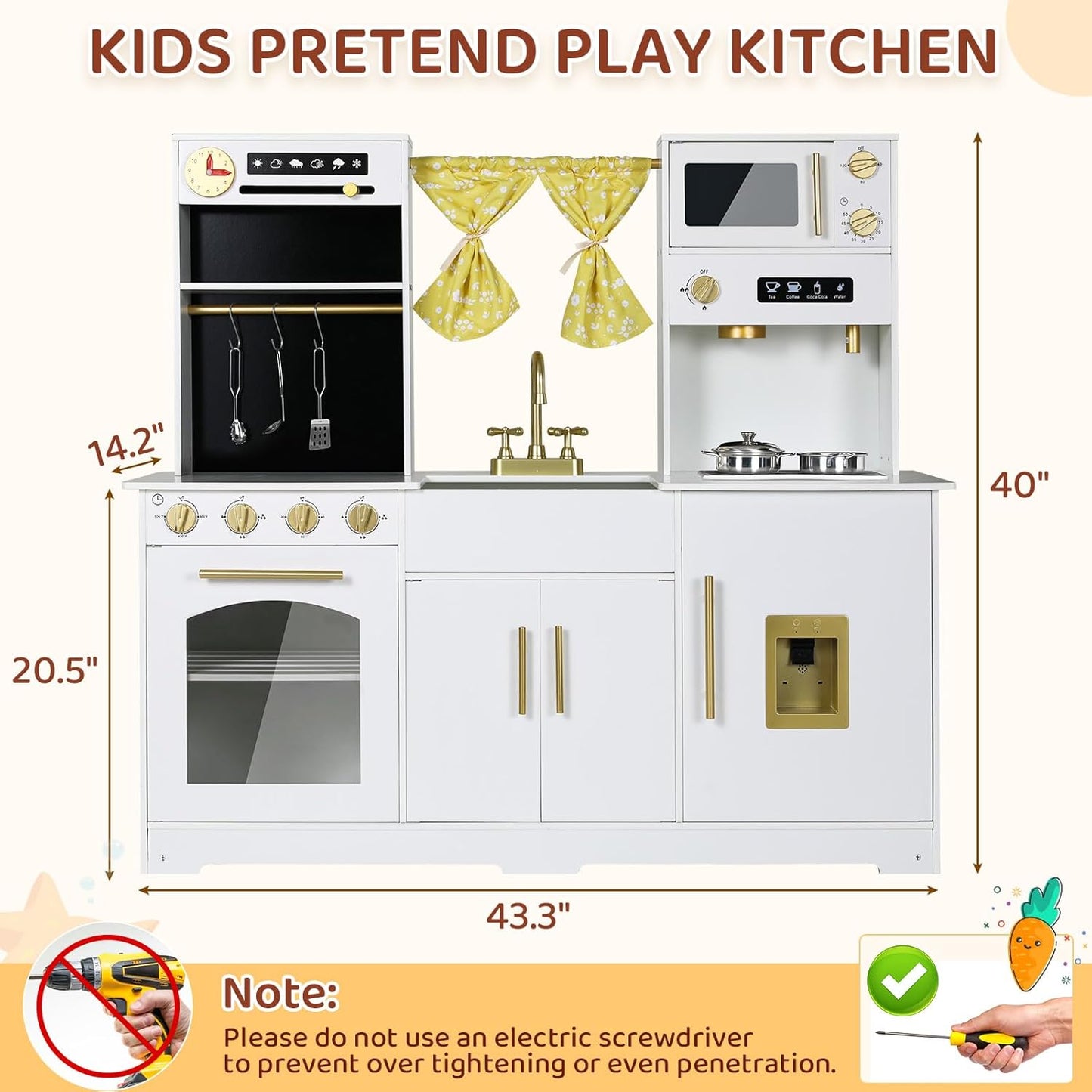 LAZY BUDDY Toddler Play Kitchen, Wooden Kids Kitchen Playset w/Stove, Sink, Microwave, Water Dispenser, Curtain, Gift for Ages 3+