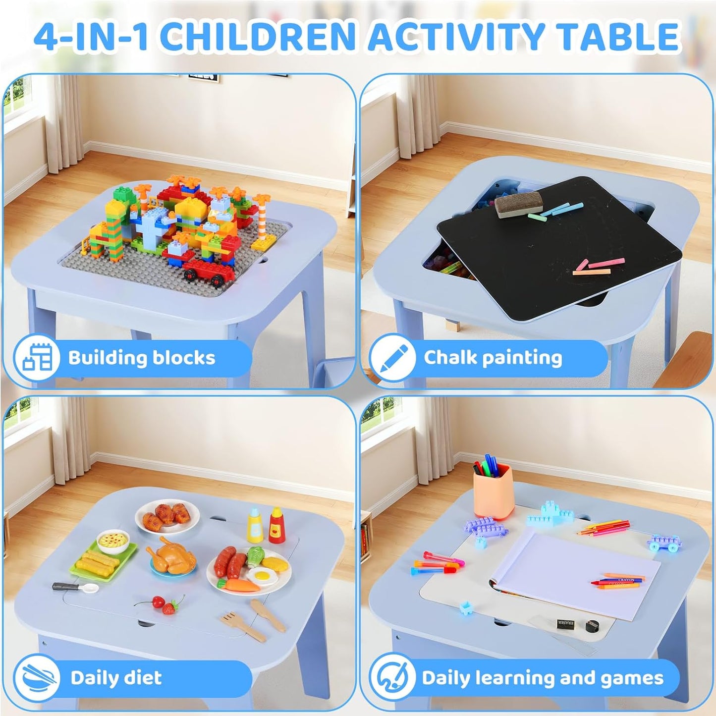 LAZY BUDDY Wooden Kids Table and 2 Chairs Set with Storage, Toddler Activity Table with 2 Removable Double-Sided Tabletops for Drawing, Arts Crafts Playing