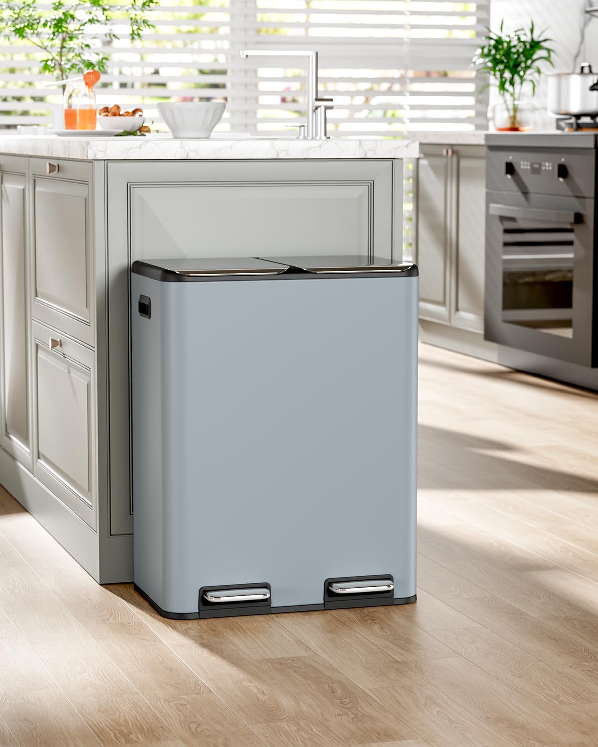 LAZY BUDDY 16 Gal Dual Kitchen Trash Can 2 x 30L Rectangular Stainless Steel Garbage Bin Recycle Waste Dustbin W/ 2 Built-in Odor Control Box